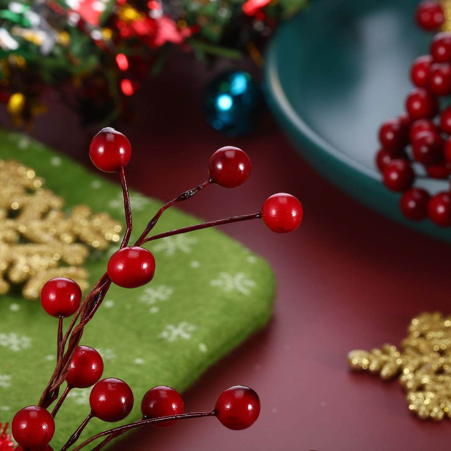 BBTO Artificial Holly Berries on Wire Stems, 250 Stems with 500 Pieces 8 mm Fake Berries for Tree Decorations Wreath Craft Use Wedding Party Favor (Dark Red) - Medaid International