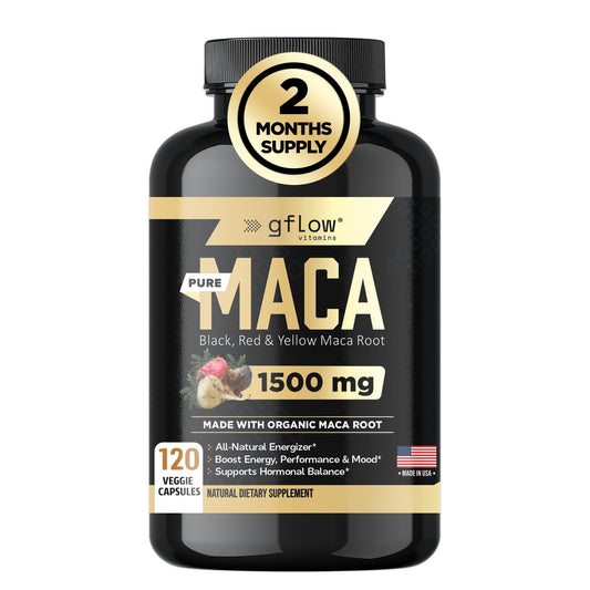 gflow vitamins Organic Maca Root Capsules for Women & Men - Black, Red, Yellow Peruvian Maca Root Extract & Black Pepper - 120 Vegan Pills - Supports Energy, Performance & Mood | Made in USA - Medaid International
