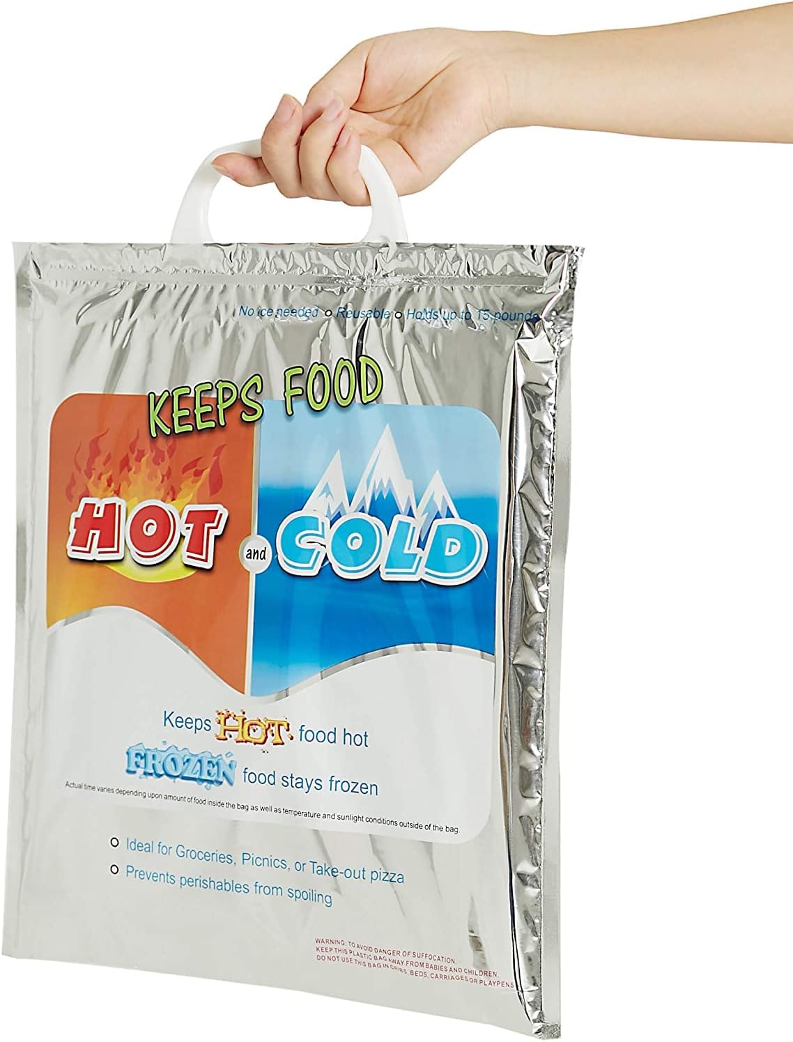 N.HOUSE Keeps Hot and Cold Bag, Reusable Insulated Bag Food Storage for Frozen Items & Hot Items Including Lunch Bags & Grocery Shopping Bags Reinforced Heavy Duty, Size 49x41cm, Silver, CB 3115 - Medaid International