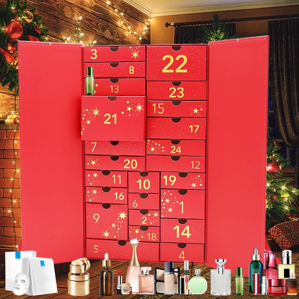 Empty 2025 24 Days Advent Calendar Large to Fill Cosmetics, Makeup, Perfume Packaging Paper Box, Valentin's Day EID Ramadan Gifts Cardboard (Red) - Medaid International