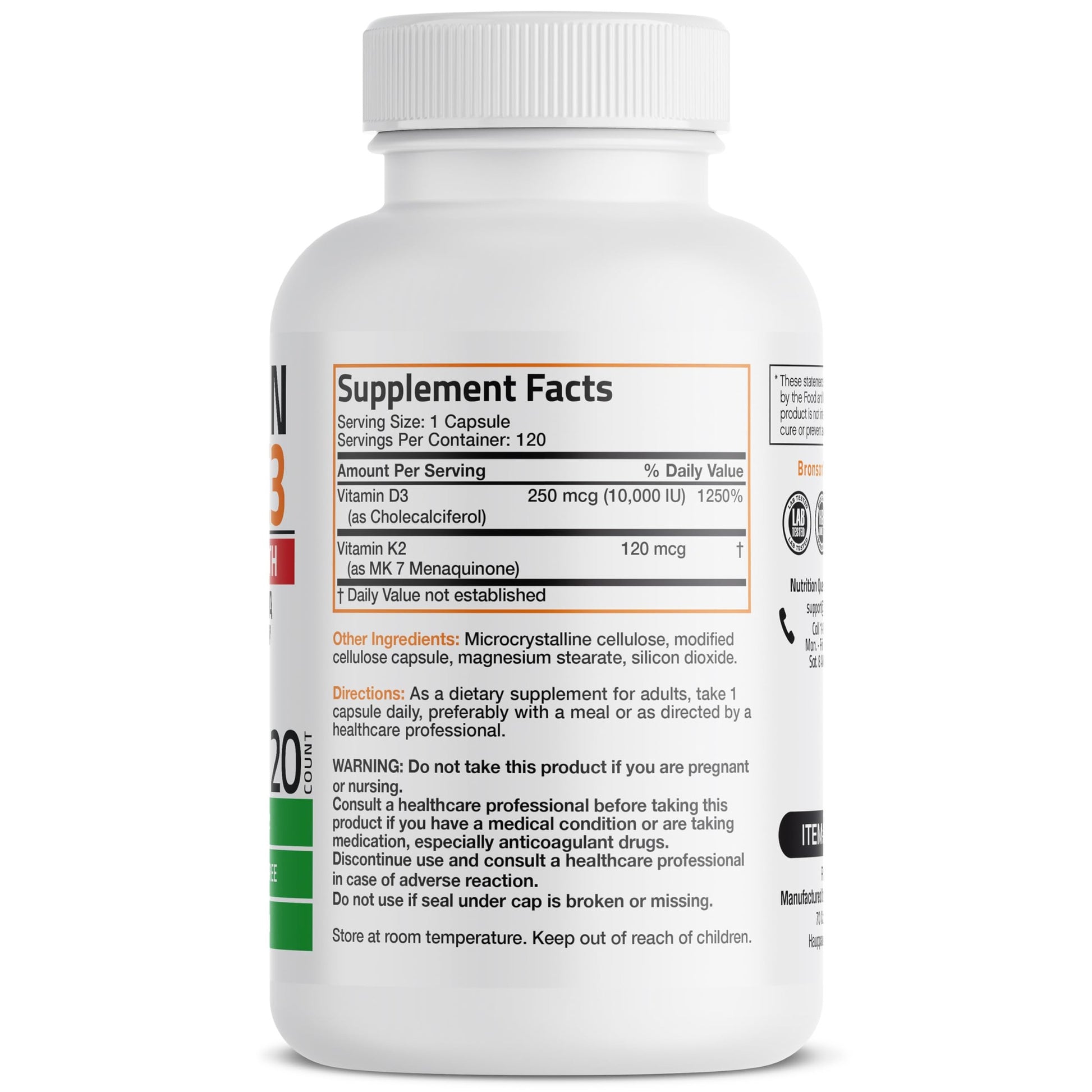 Bronson Vitamin K2 (MK7) with D3 Extra Strength Supplement Bone and Heart Health Non-GMO Formula 10,000 IU Vitamin D3 & 120 mcg Vitamin K2 MK-7 Easy to Swallow Vitamin D & K, 120 Capsules - Medaid International