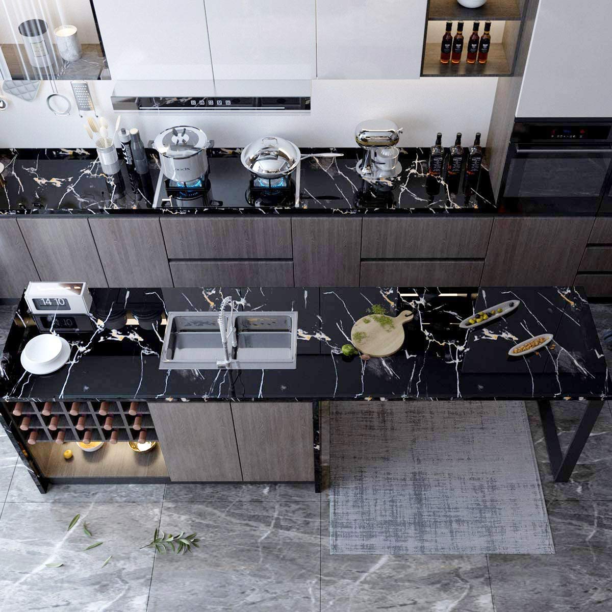 WALLTON Wall Stickers Marble (12 x 48 Inches) Jade Kitchen Counter, Cabinet Makeover, Almirah, Plastic & Wooden Tabletop, Wardrobe, PVC DIY Self Adhesive, Black and Golden Marble Gloss - Medaid International