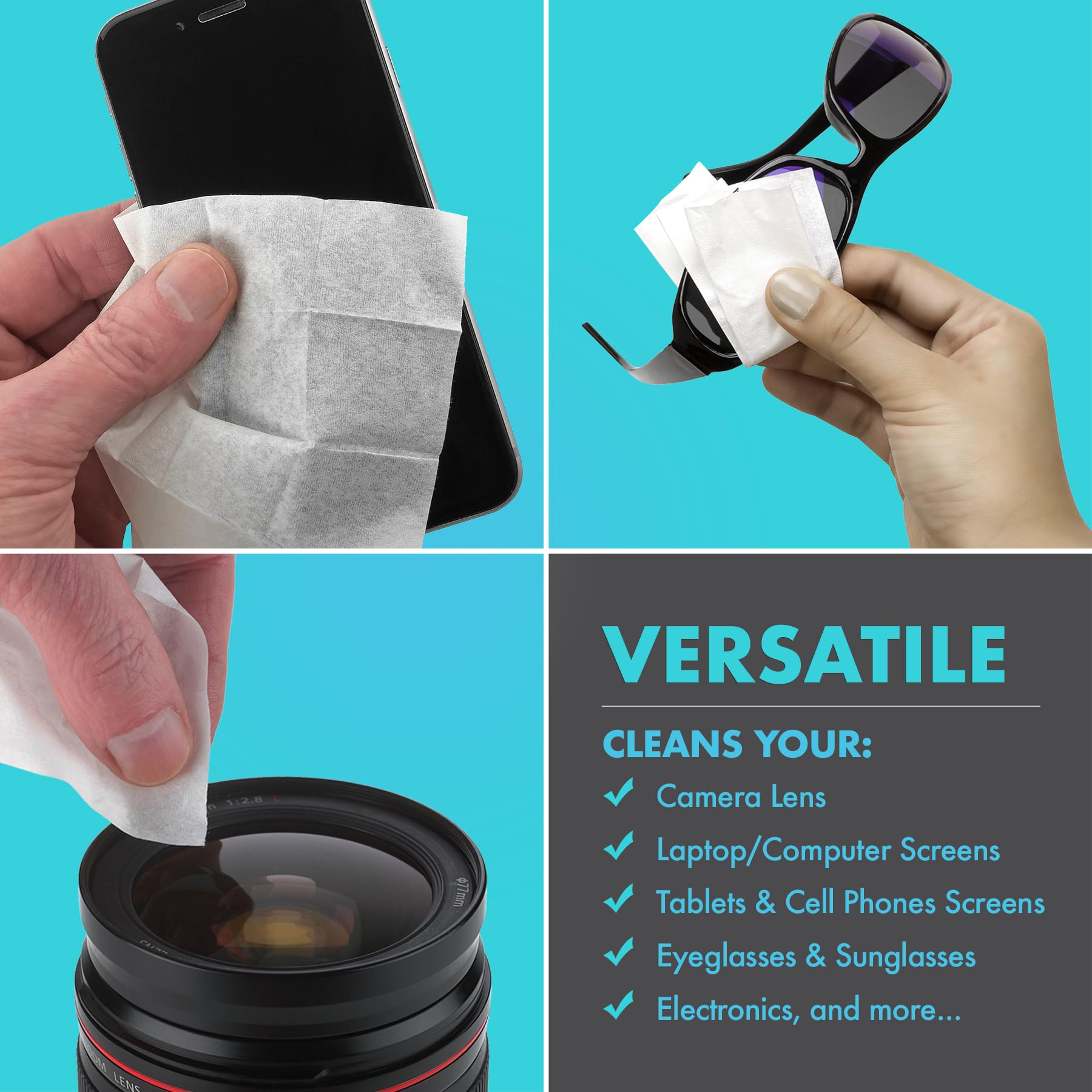 Premoistened Lens and Glass Cleaning Wipes - Portable Travel Cleaner for Glasses, Camera, Cell Phone, Smartphone, and Tablet - Disposable, Quick Drying, Streak Free - Individually Wrapped, Pack of 100 - Medaid International