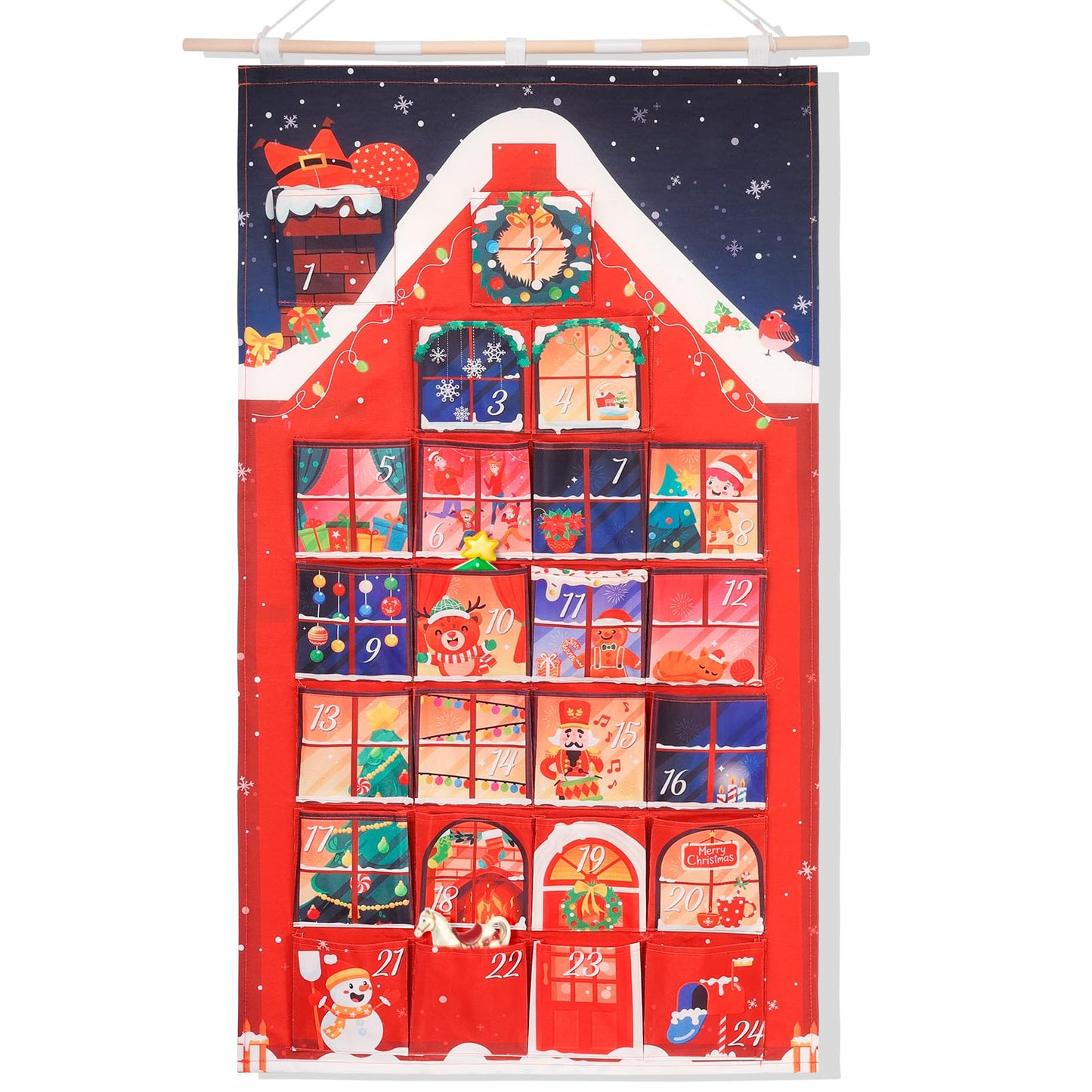 HOWAF Red House Fabric Christmas Advent Calendar with Pockets (Countdown to Christmas), 24 Days Mystery Christmas Countdown Calendar for Xmas Holiday Home Wall Decoration - Medaid International