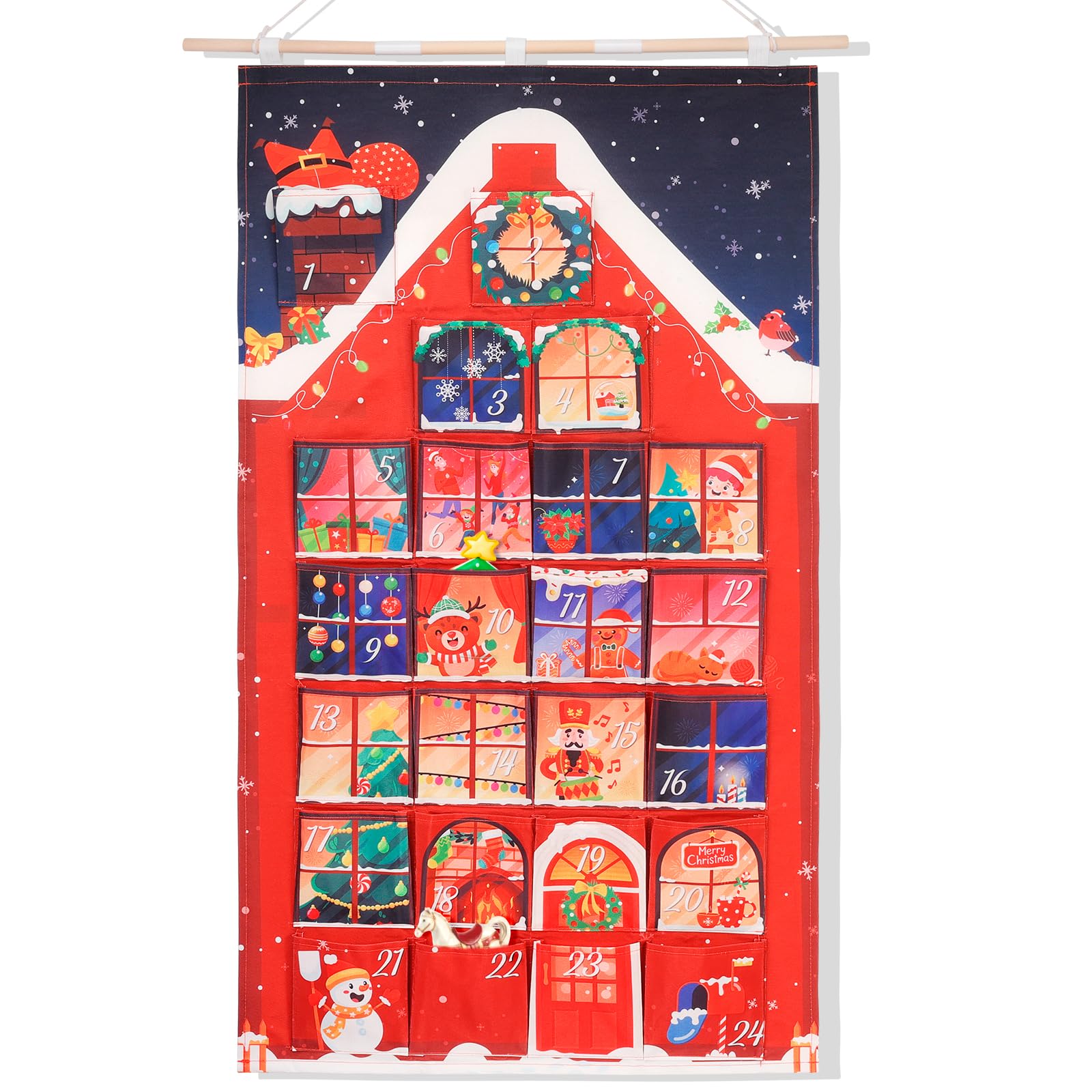 HOWAF Red House Fabric Christmas Advent Calendar with Pockets (Countdown to Christmas), 24 Days Mystery Christmas Countdown Calendar for Xmas Holiday Home Wall Decoration - Medaid International