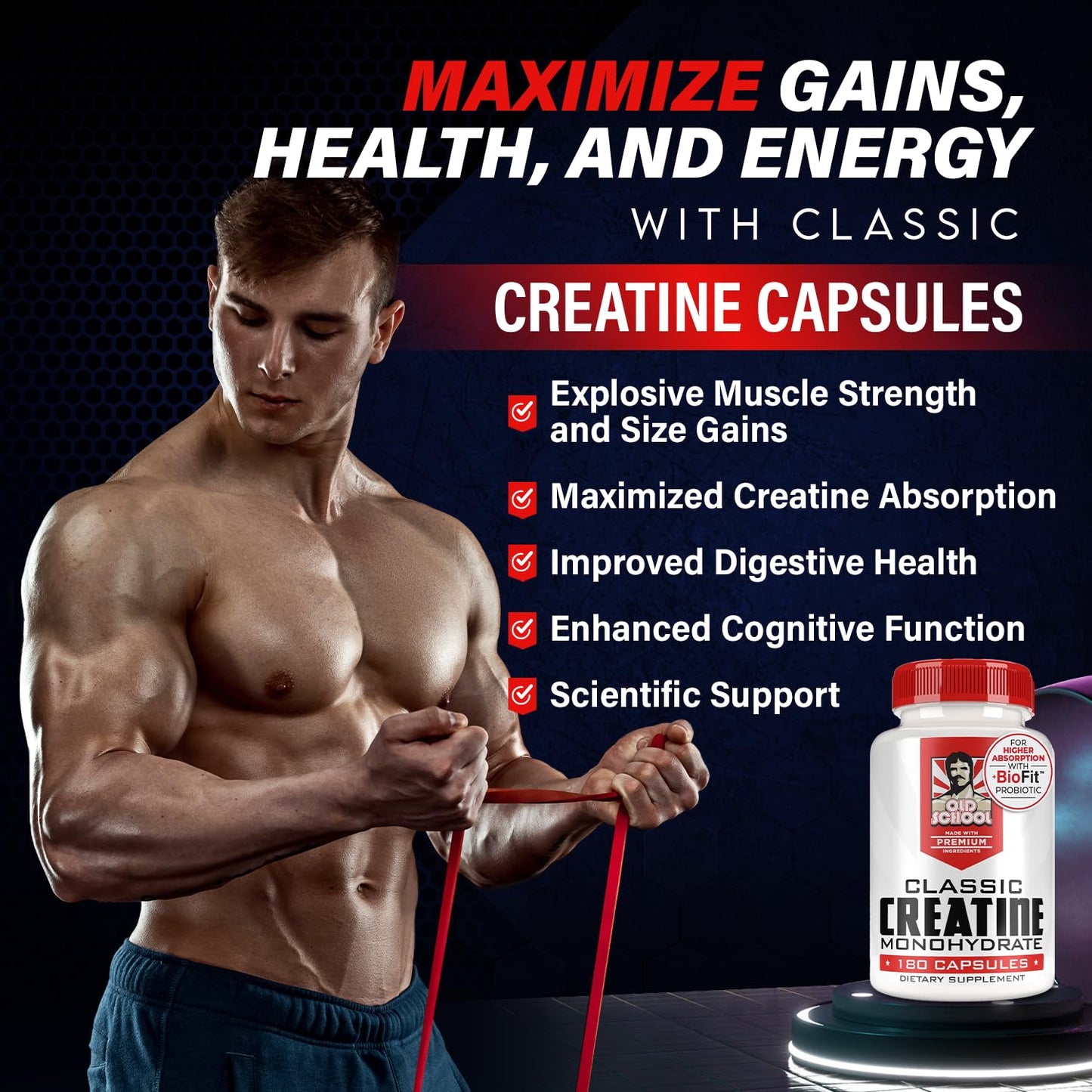 Old School Labs 5000mg Creatine Monohydrate Capsules With BioFit™ (Max Strength) Supports Muscle Growth & Recovery, Performance, Cognitive Health - Creatine Pills for Men & Women, Made in USA 180 Caps - Medaid International