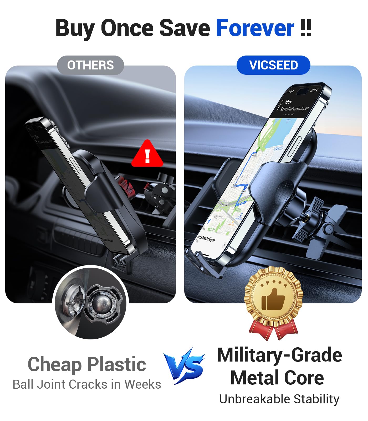 VICSEED True Military-Grade Phone Holders for Your Car [Upgraded 95+LBS Strongest Suction] Cell Phone Mount for Car Dashboard Windshield Vent Truck Boat Stand Adjustable for iPhone 17 ProMax Android - Medaid International