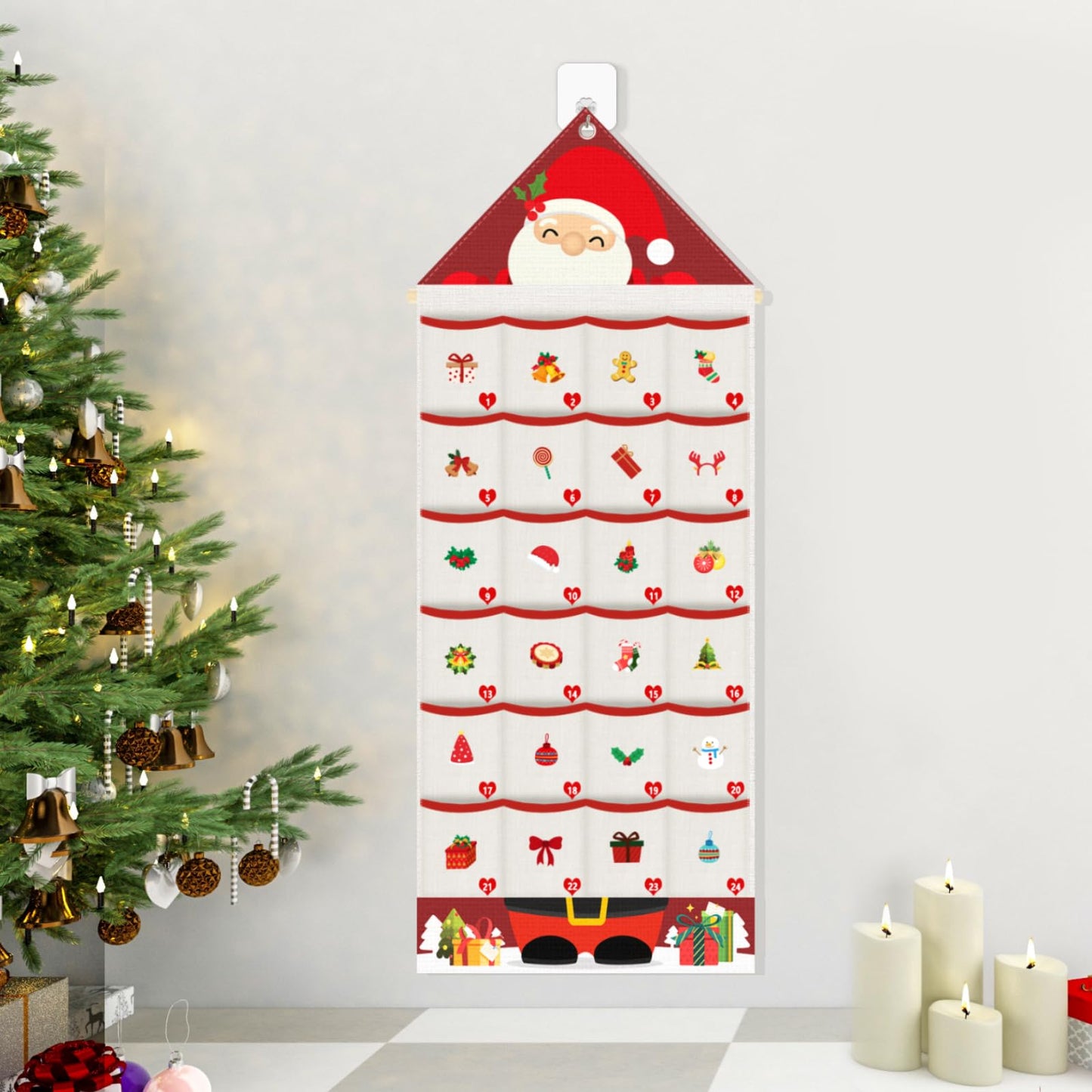 Auch Santa Advent Calendar 24 Days Hanging Wall Decoration, Fabric Christmas Countdown Calendar with Pockets for Candy Gifts, Reusable Xmas Decor for Kids Family Home - Medaid International