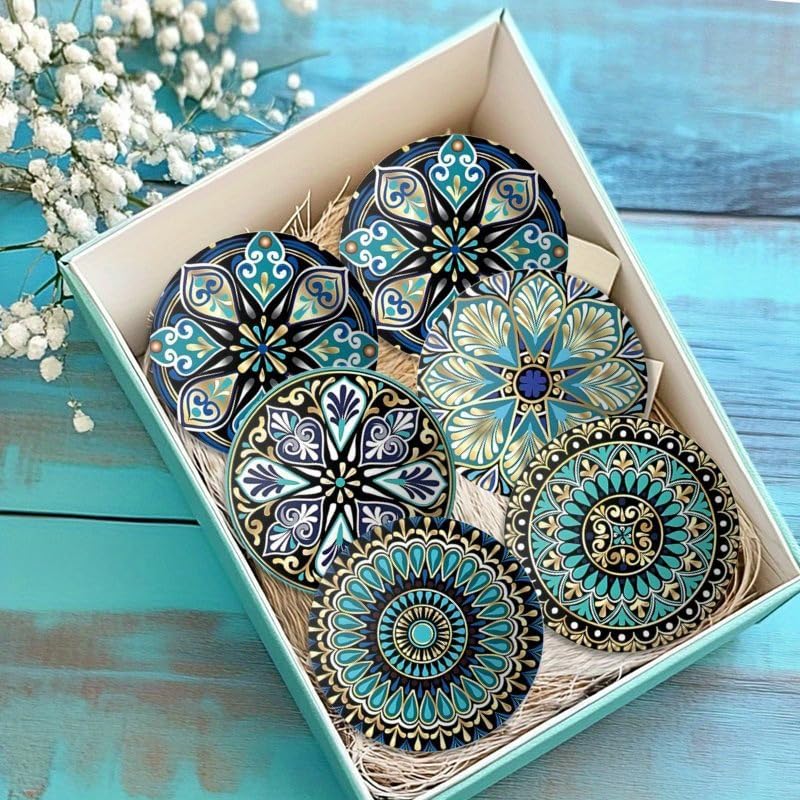 6pcs Set of 3.94x3.94 Inch Mandala Art Coasters, Acrylic Cup Holders with 2D Mandala Design – Artistic Gift for Friends and Family, for Patio Tables, Kitchens, Living Rooms, Christmas, Thanksgiving - Medaid International