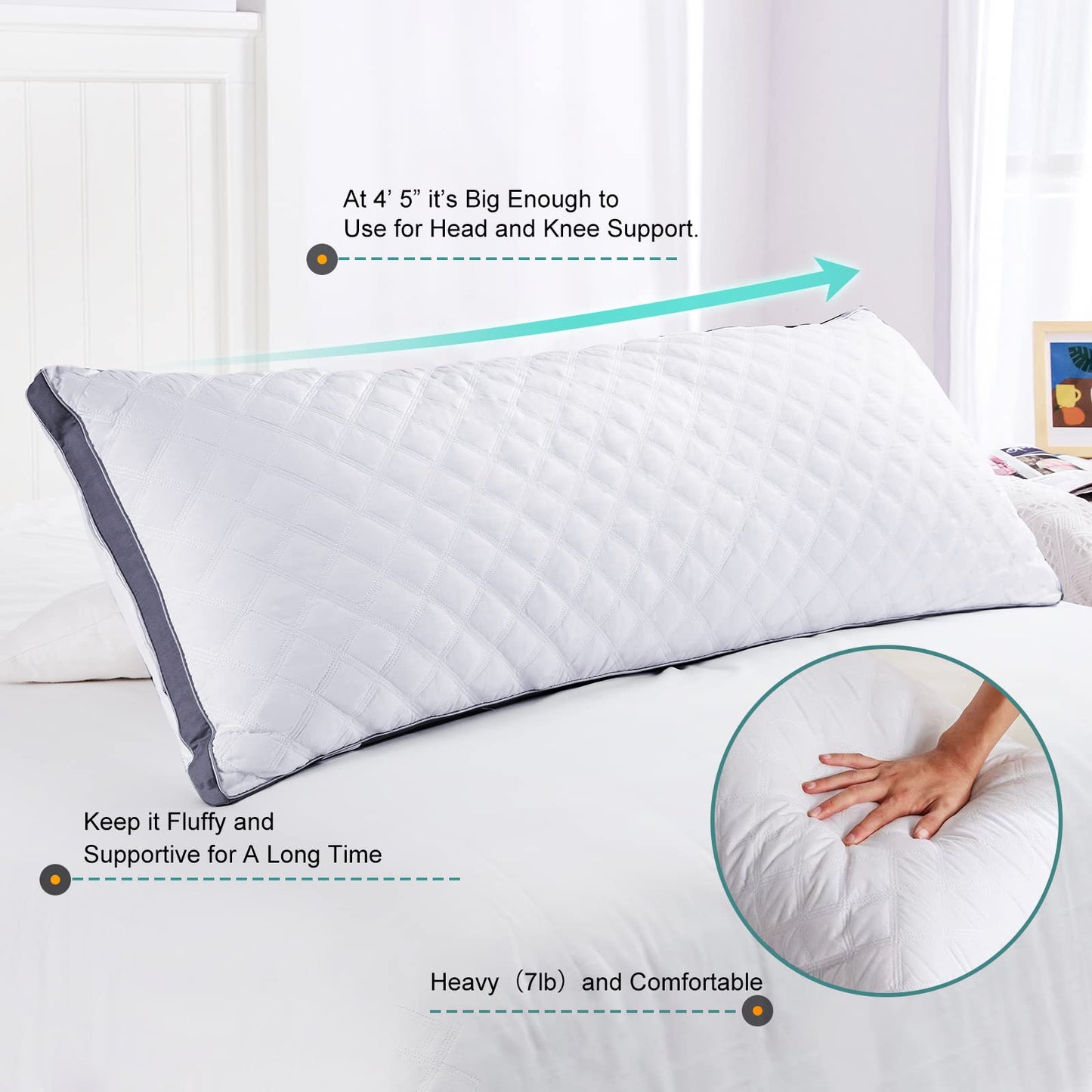 Oubonun Premium Adjustable Loft Quilted Body Pillows - Firm and Fluffy - Quality Plush - Down Alternative - Head Support Pillow - 21"x54" - Medaid International