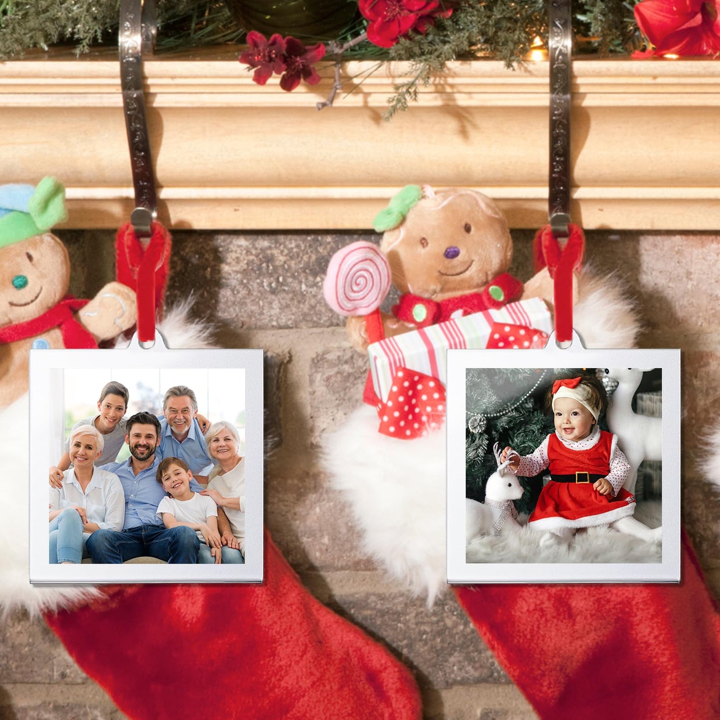 UNIQOOO 3.2 x 3.2 inch Christmas Acrylic Silver Photo Frame Ornaments for Display Picture, 6 Pcs Festive Hanging Decoration, Double-Sided Picture Frames for Holiday Season Home Party Xmas Tree Decor - Medaid International