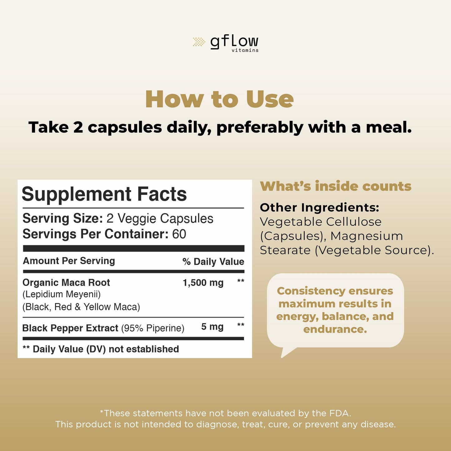 gflow vitamins Organic Maca Root Capsules for Women & Men - Black, Red, Yellow Peruvian Maca Root Extract & Black Pepper - 120 Vegan Pills - Supports Energy, Performance & Mood | Made in USA - Medaid International