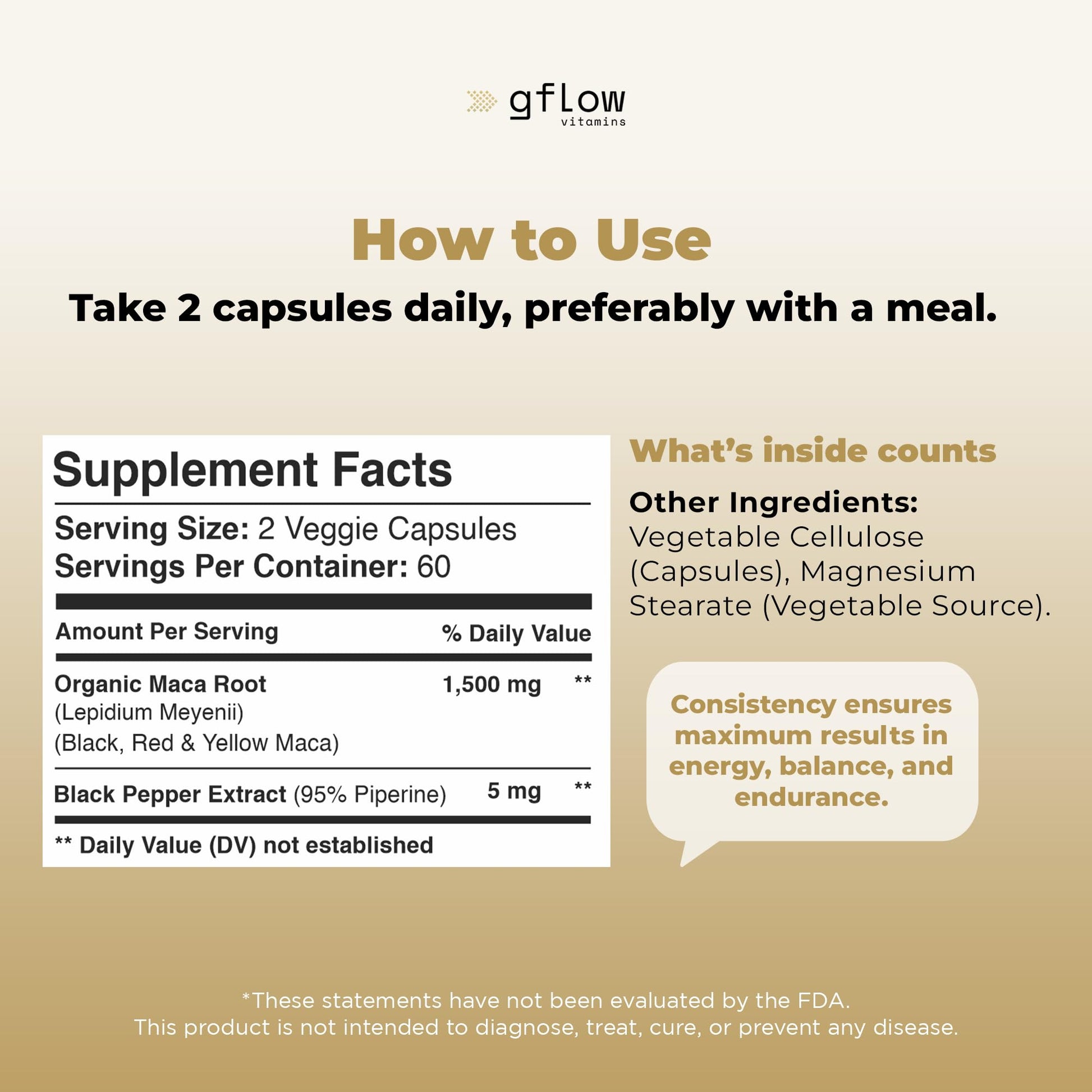 gflow vitamins Organic Maca Root Capsules for Women & Men - Black, Red, Yellow Peruvian Maca Root Extract & Black Pepper - 120 Vegan Pills - Supports Energy, Performance & Mood | Made in USA - Medaid International