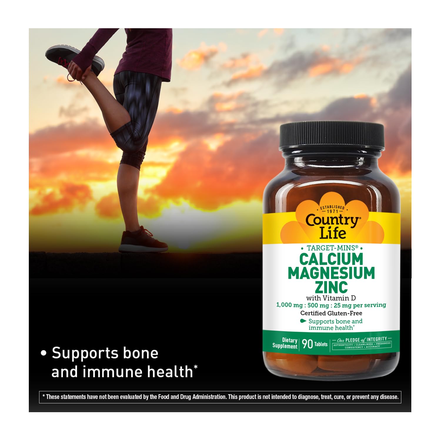 Country Life Calcium Magnesium Zinc with Vitamin D3 and L-Glutamic Acid, Dietary Supplement for Bone Support, Certified Gluten Free, 1000mg/500mg/25mg, 90 Tablets - Medaid International