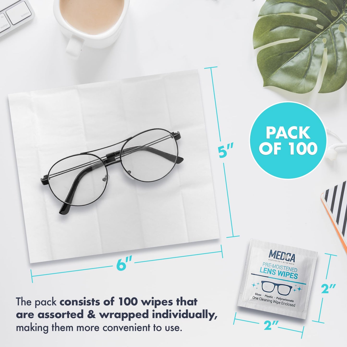 Premoistened Lens and Glass Cleaning Wipes - Portable Travel Cleaner for Glasses, Camera, Cell Phone, Smartphone, and Tablet - Disposable, Quick Drying, Streak Free - Individually Wrapped, Pack of 100 - Medaid International