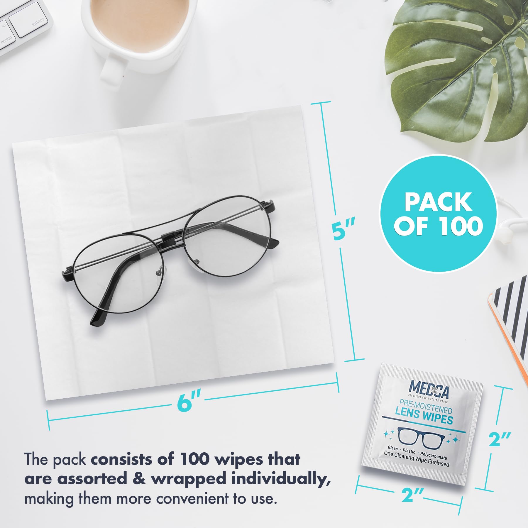 Premoistened Lens and Glass Cleaning Wipes - Portable Travel Cleaner for Glasses, Camera, Cell Phone, Smartphone, and Tablet - Disposable, Quick Drying, Streak Free - Individually Wrapped, Pack of 100 - Medaid International