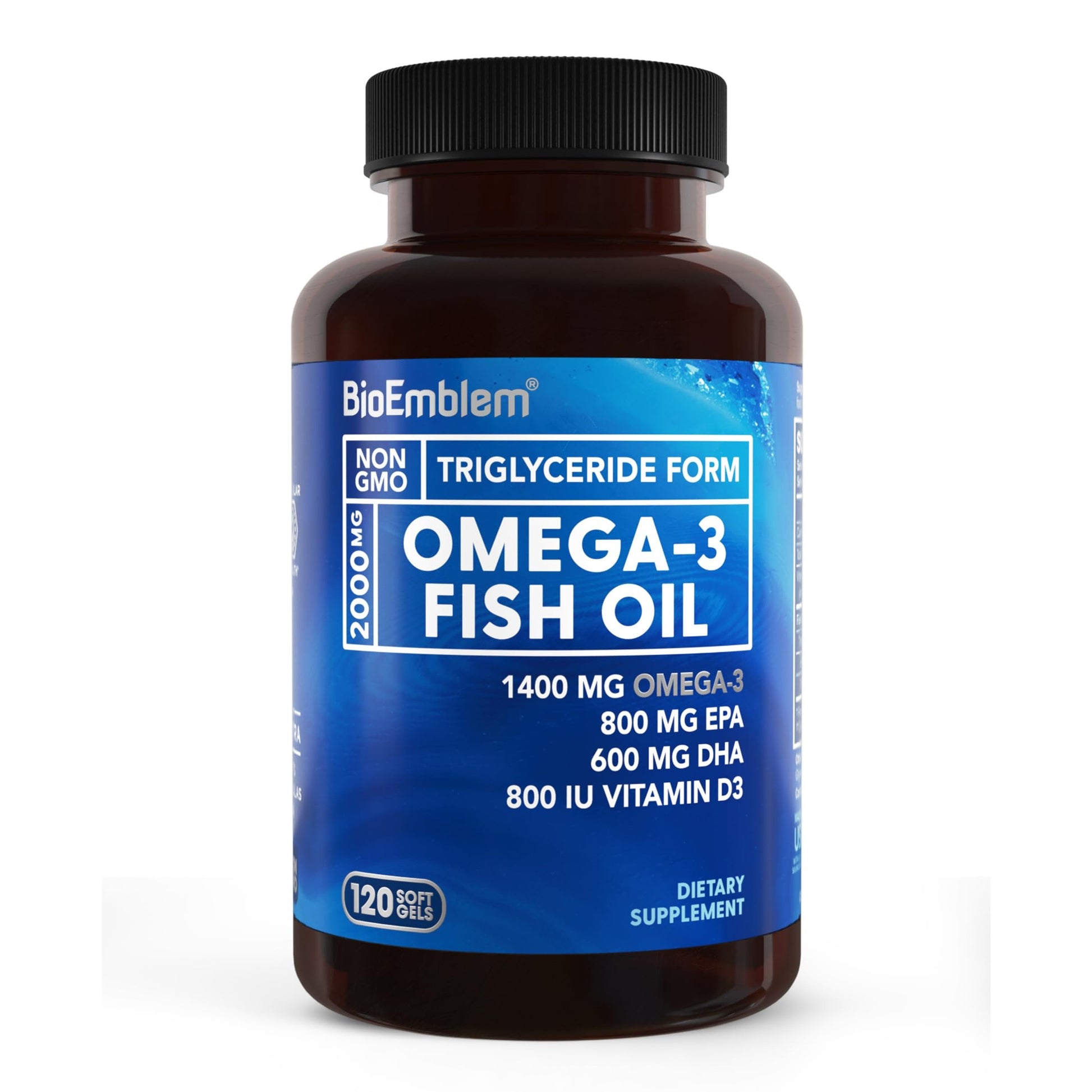 BioEmblem Omega-3 Fish Oil 2000mg - Small Size Softgels, High Absorption Form, Sustainable - 1400mg EPA &DHA Plus Vitamin D3, Non-GMO, Heart, Joint, & Brain Health Fish Oil Supplement, 120 Ct - Medaid International