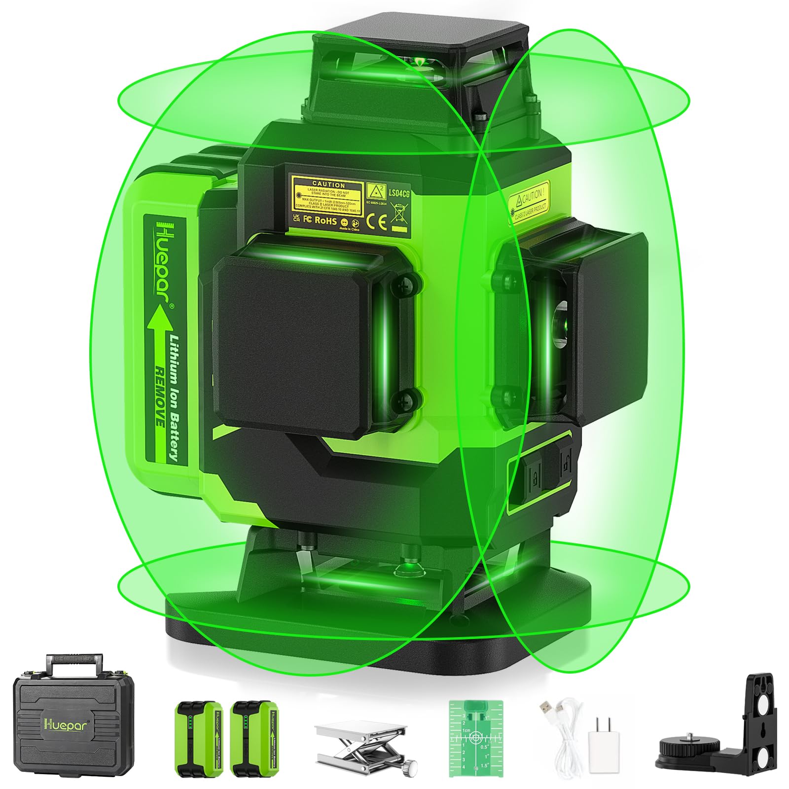 Huepar Laser Level, Self-leveling 16 Lines Green Beam 4D Cross Line Tiling Floor Laser Tool-2 x 360 Horizontal & 2 x 360 Vertical Laser Lines with Two Li-ion Batteries and Hard Carry Case-LS04CG - Medaid International