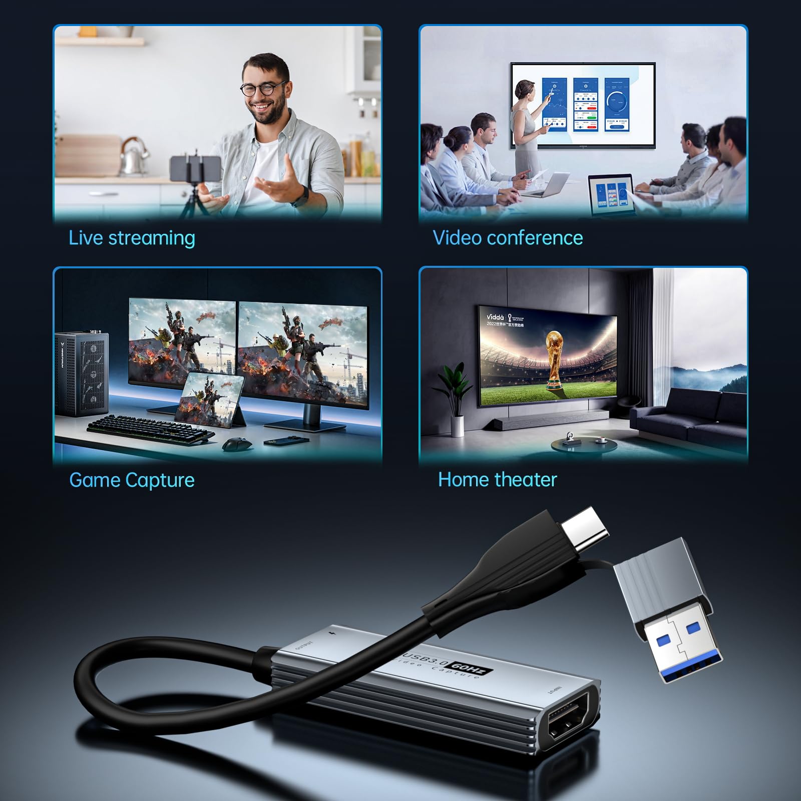 XIIXMASK USB 3.0 Video Capture Card with 100W PD - HDMI to USB/USB-C Capture Card 1440P 30fps & 1080P 60fps Video Capture Device for Streaming, Game Recording, Compatible for Quest 3, Switch, PS4/PS5 - Medaid International