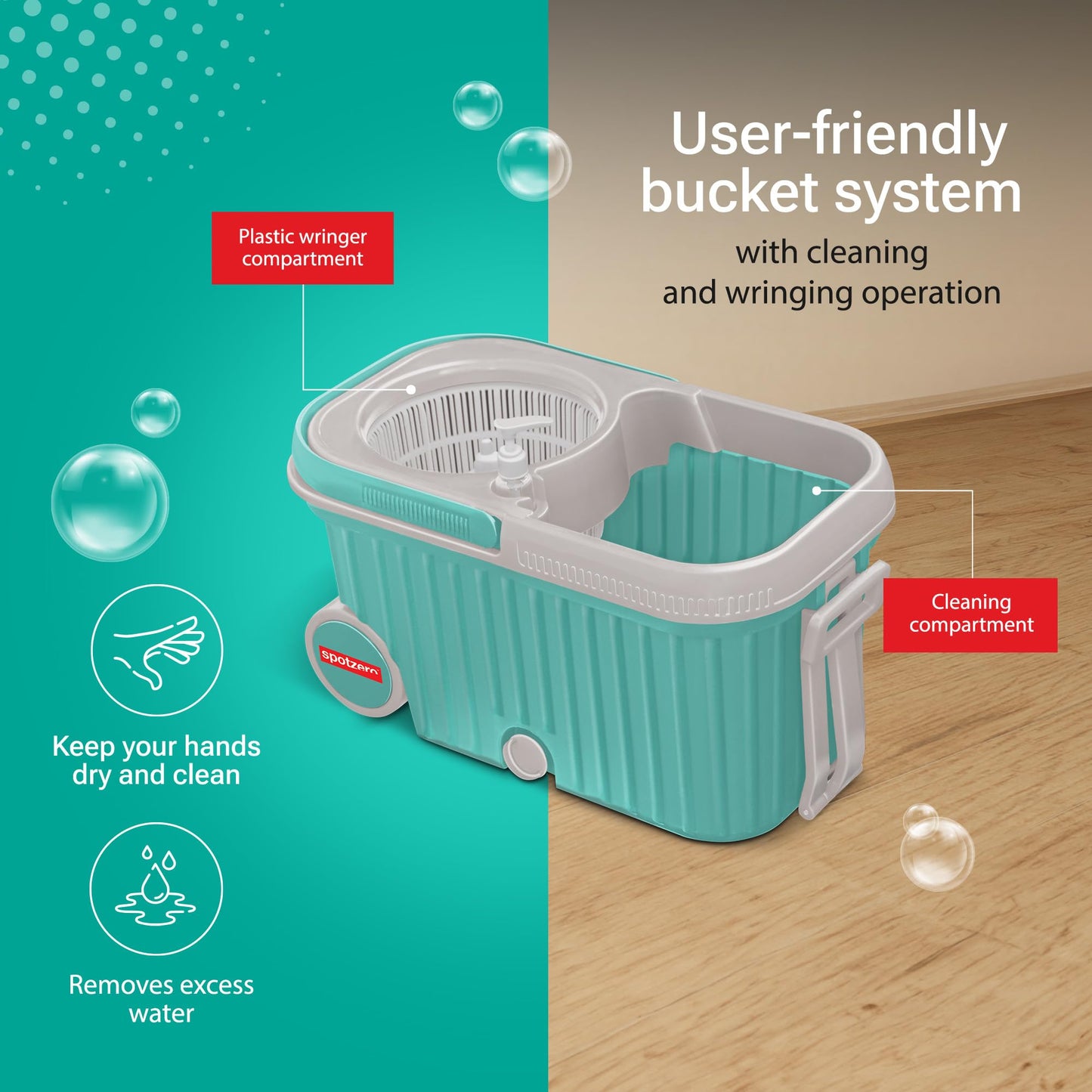 Spotzero by Milton Spin mop Bucket with Wringer on Wheels, Extendable Handle 360 Spin mops for Floor Cleaning, 2 Microfiber Refills, Aqua Green Elite - Medaid International