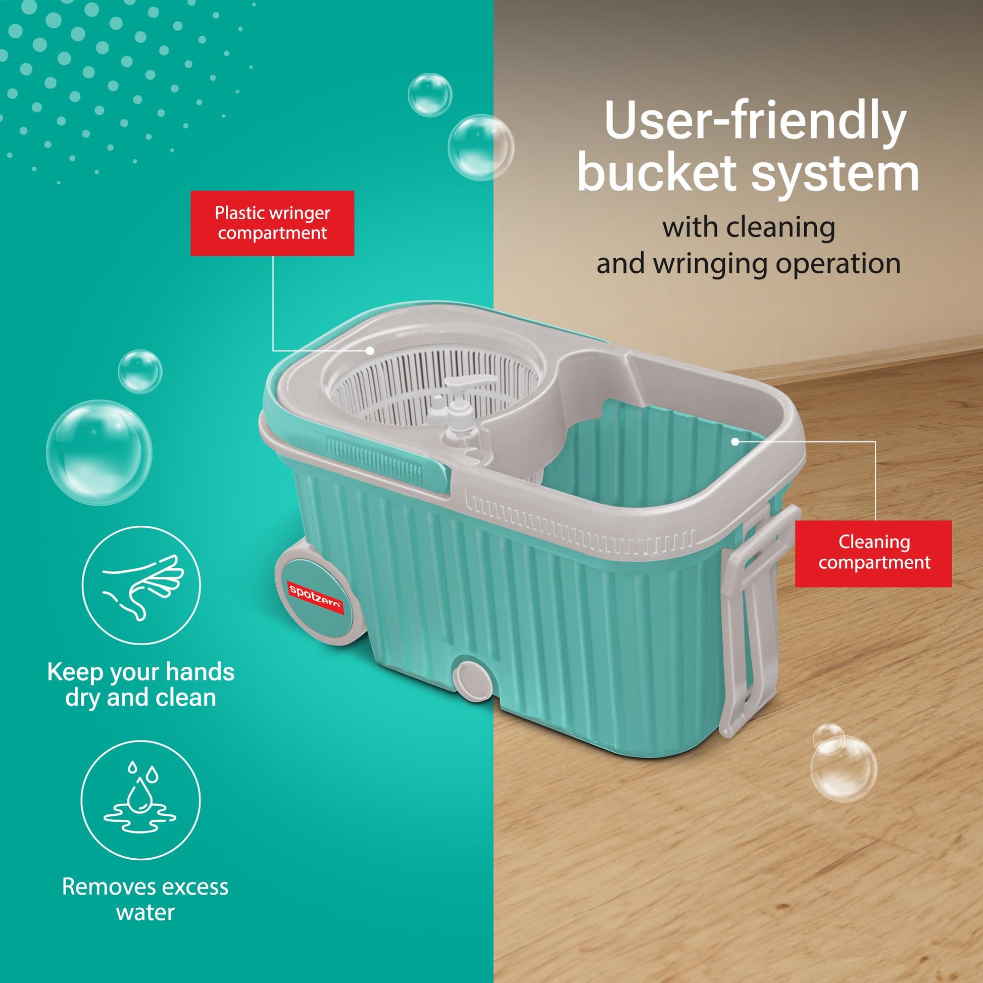 Spotzero by Milton Spin mop Bucket with Wringer on Wheels, Extendable Handle 360 Spin mops for Floor Cleaning, 2 Microfiber Refills, Aqua Green Elite - Medaid International