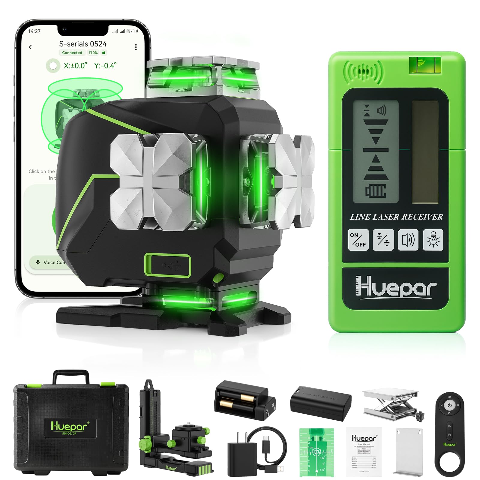 Huepar 16 Lines Self Leveling Laser Level 4x360° Cross Line Laser with Receiver -LCD Screen, 4D Bluetooth Green Beam Tiling Floor Laser Tool, 360° Horizontal/Vertical Laser Kit -Remote Control S04-5RG - Medaid International