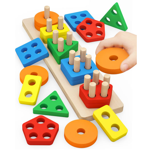 PEBIRA Montessori Toys for 1 to 3-Year-Old Boys Girls Toddlers, Wooden Sorting & Stacking Toys for Toddlers and Kids Preschool, Educational Color Recognition Shape Sorter, Learning Puzzles Gift - Medaid International