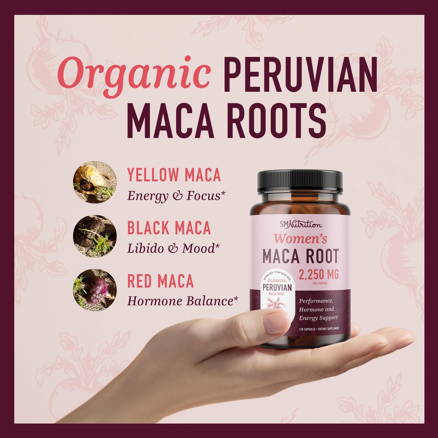 Organic Maca Root Capsules for Women | Peruvian Maca 2250MG Extra Strength | Red, Black & Yellow Root Powder with Black Pepper | Herbal Supplement to Support Energy & Hormone Balance | 120 Ct - Medaid International