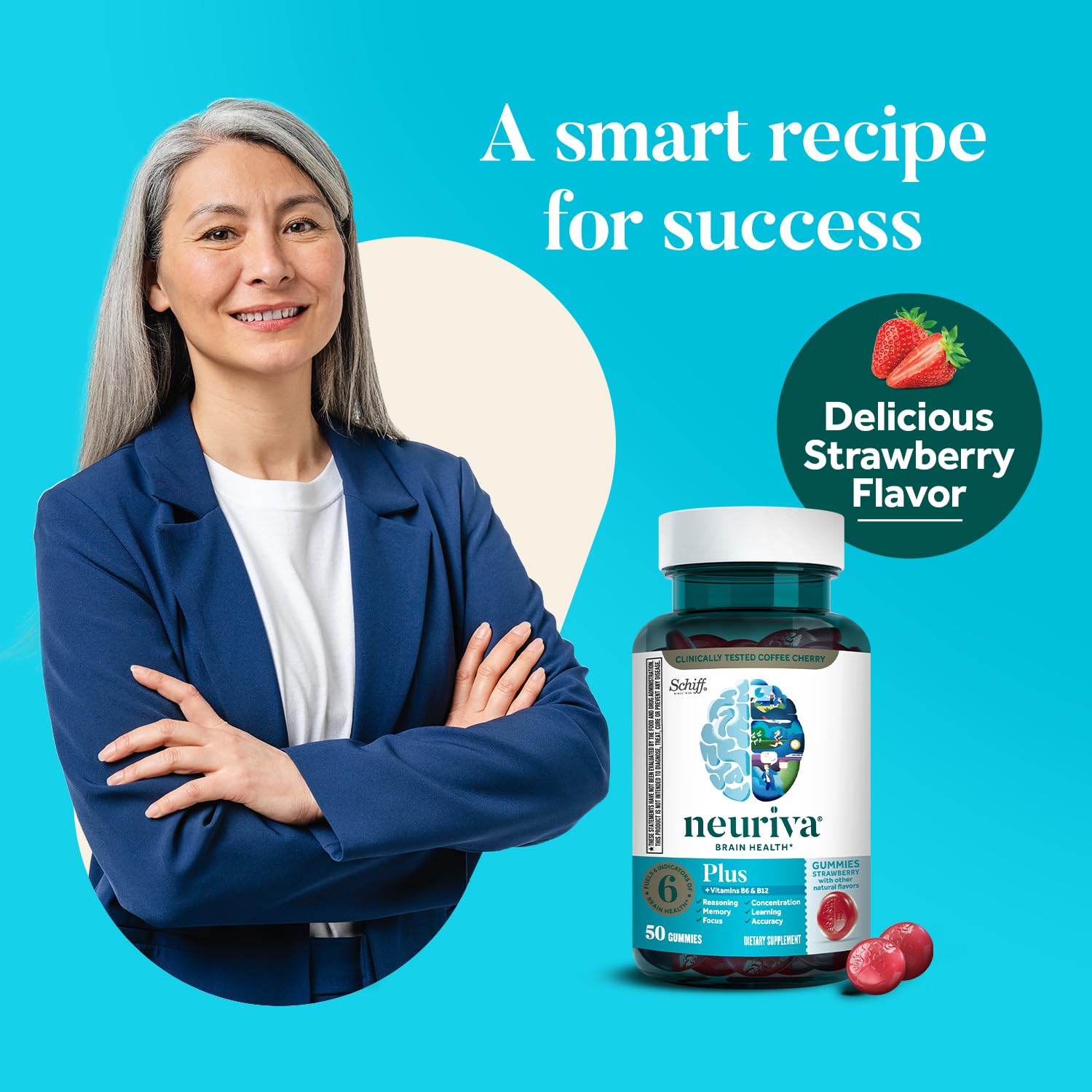 NEURIVA Plus Brain Supplement for Memory,Focus & Concentration+Cognitive Function with Vitamins B6 & B12 and Clinically Tested Nootropics Phosphatidylserine and Neurofactor,50ct Strawberry Gummies - Medaid International