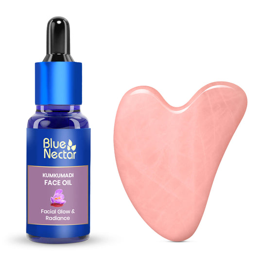 Blue Nectar Kumkumadi Oil with Gua Sha | Ayurvedic Face Oil for Glowing Skin | Natural Face Serum for Women & Men with Gua Sha Stone (26 Herbs, 1 Fl Oz) - Medaid International
