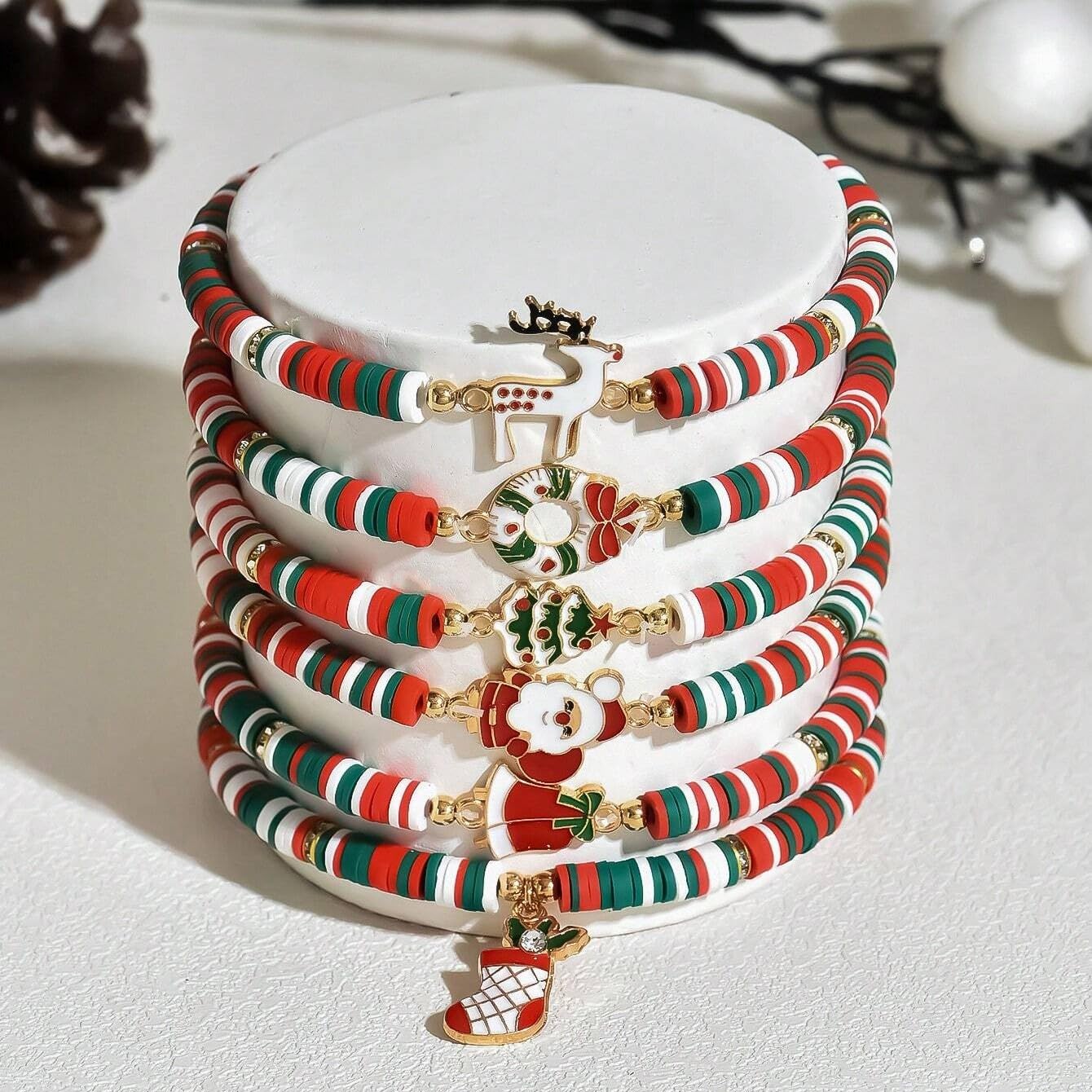 Christmas Santa & Snowman Soft Clay Bracelet, Red Green White Festive Beaded Jewelry for Holiday - Medaid International