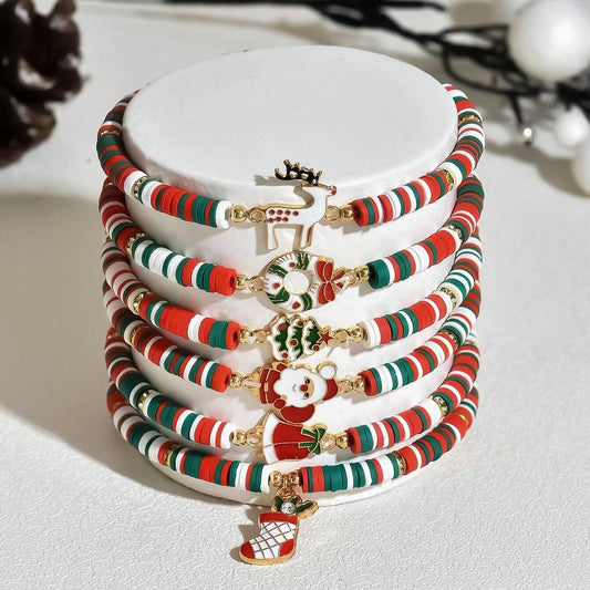 Christmas Santa & Snowman Soft Clay Bracelet, Red Green White Festive Beaded Jewelry for Holiday - Medaid International