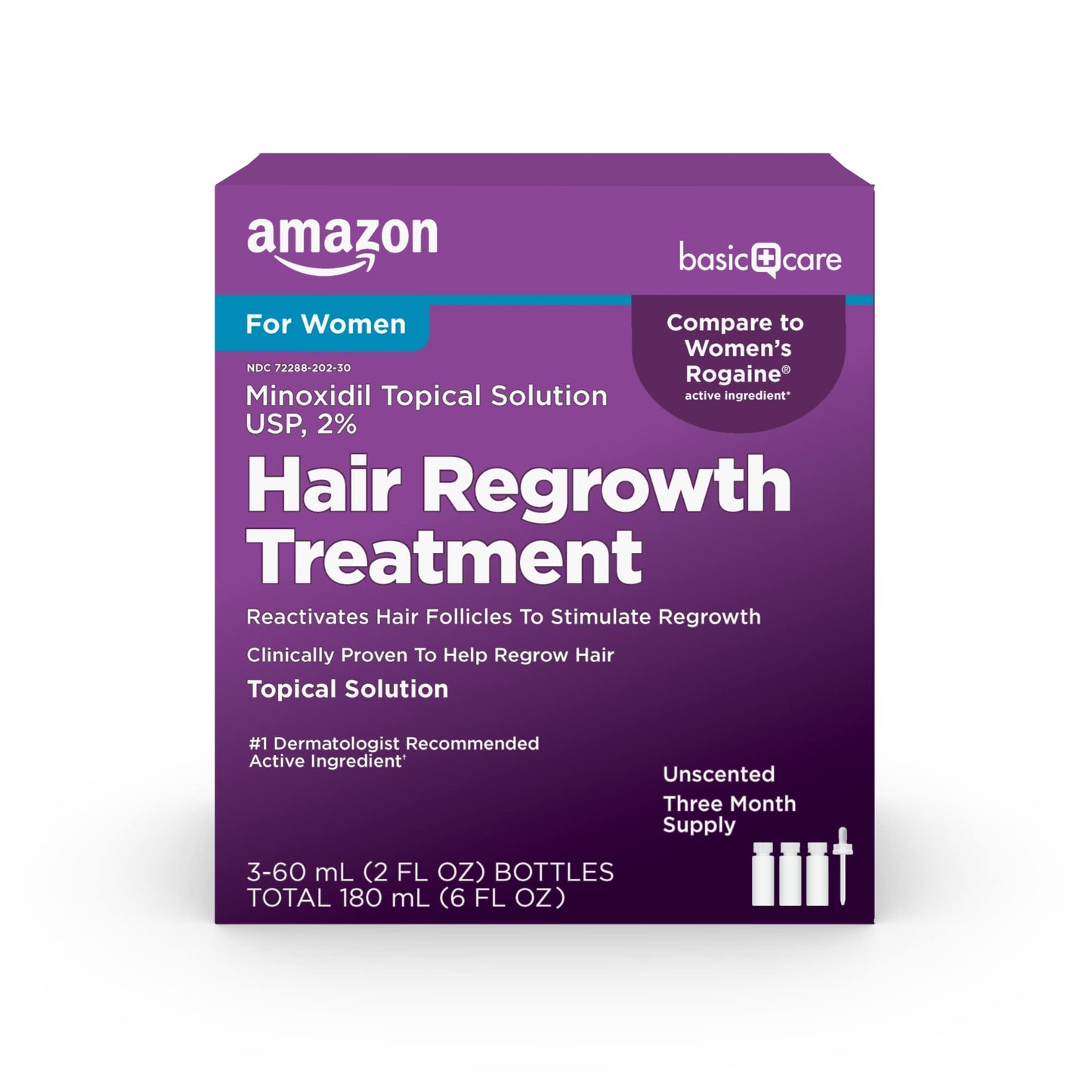 Amazon Basic Care Minoxidil Topical Solution USP, 2% Hair Regrowth Treatment for Women, 3-Month Supply, Unscented, 2 fl oz (Pack of 3) - Medaid International