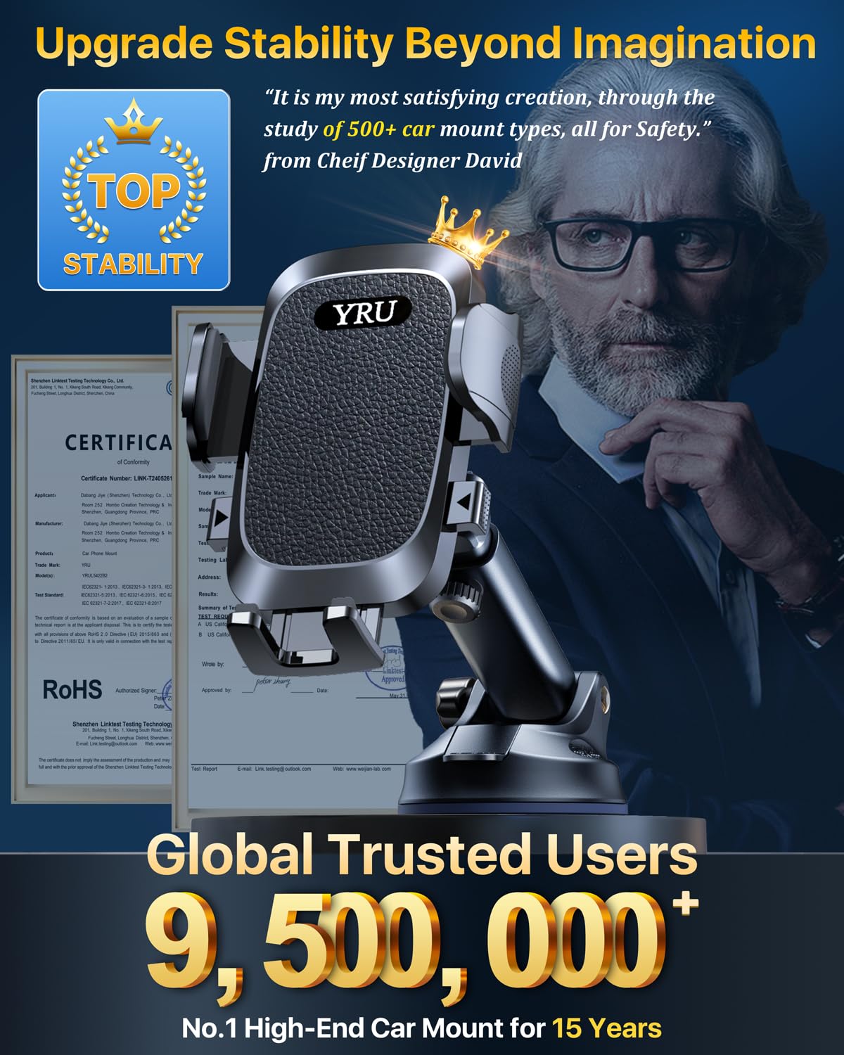 YRU [True Upgrade for Safety] Car Phone Holder Mount [Patent & Military-Grade] Dashboard Cell Phone Holder for Car Vent Windshield Phone Stand for iPhone 17 16 15 14 13 Pro Max Truck Samsung, Black - Medaid International
