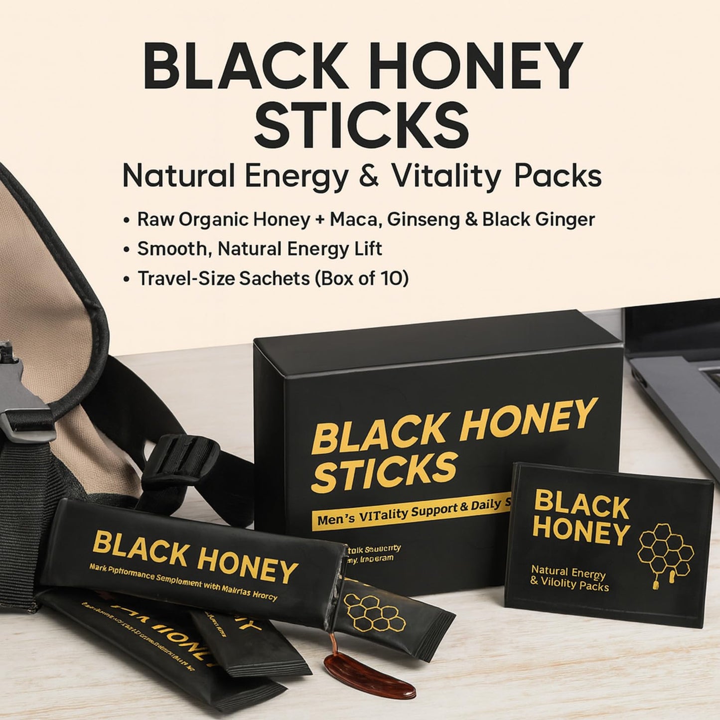Black Honey Sticks Natural Energy & Vitality Packs – Raw Organic Honey with Maca, Ginseng & Black Ginger Extracts, Travel-Size Sachets, Male Wellness & Daily Support (Box of 10) - Medaid International