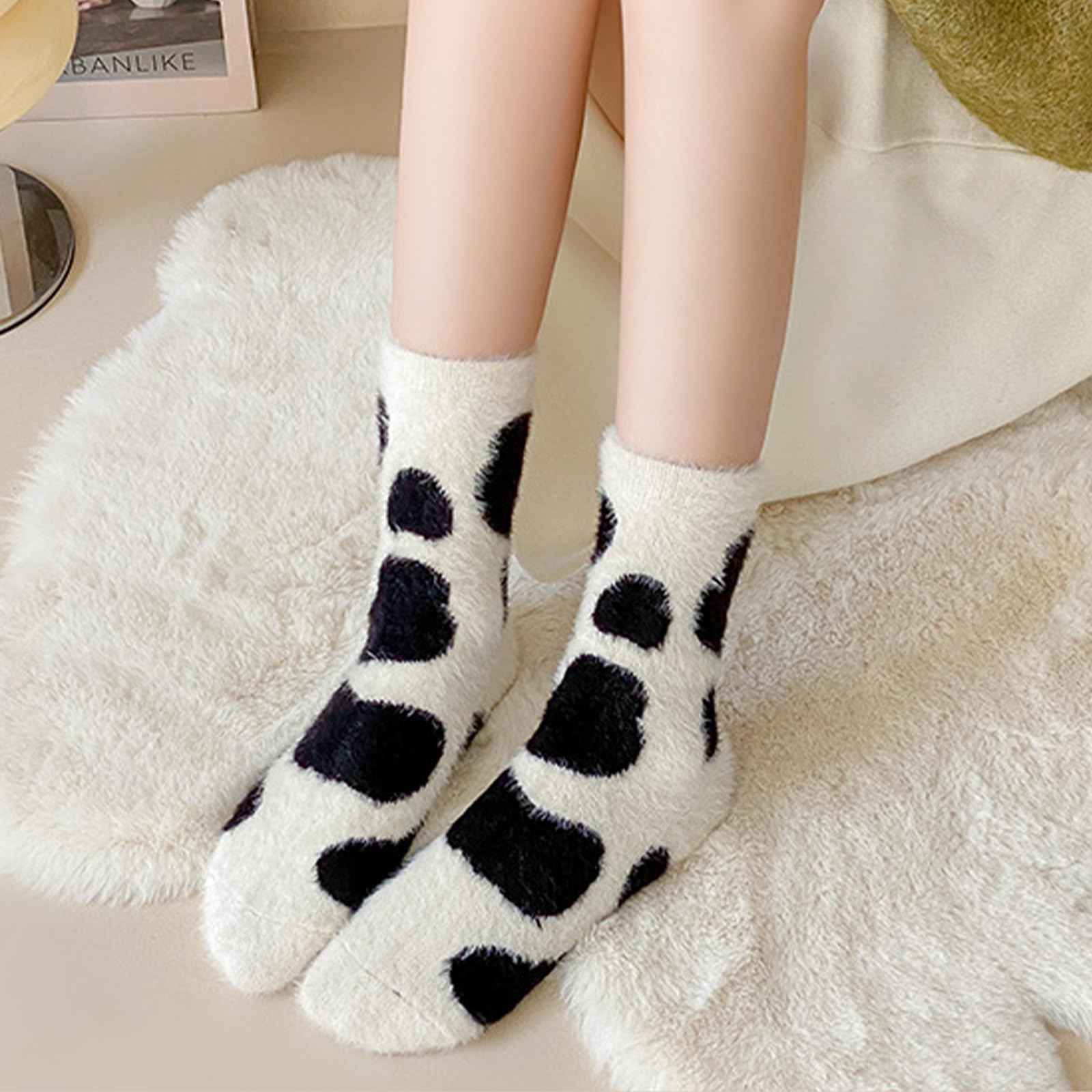 Cute Cow Print Socks for Women Fuzzy Winter Fluffy Lazy Sleeper Socks Warm Thick Cozy Trendy Christmas Gifts for Teen Girls - Medaid International