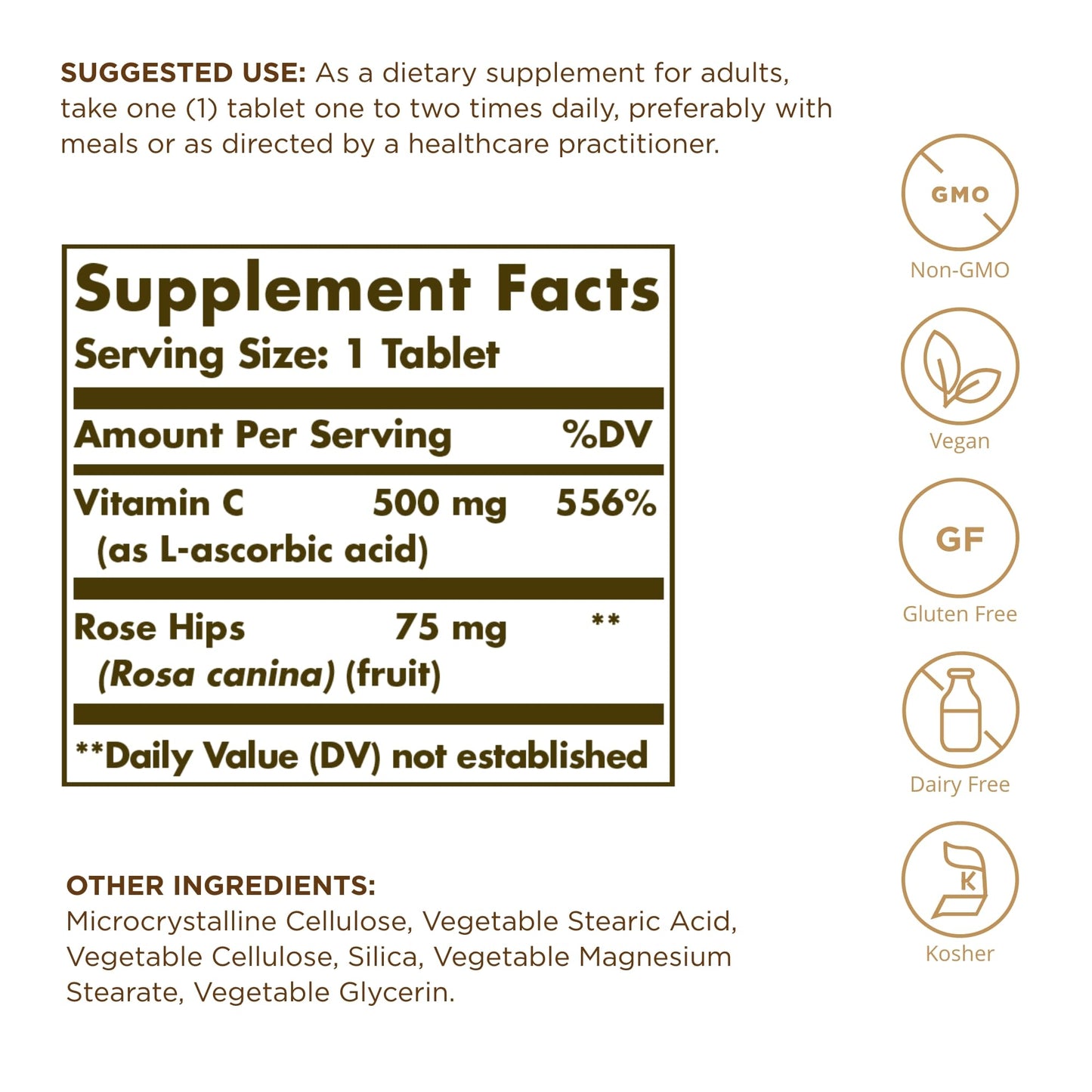 Solgar Vitamin C 500 mg with Rose HIPS, 100 Tablets - Antioxidant & Immune Support - Overall Health - Supports Healthy Skin & Joints - Non-GMO, Vegan, Gluten Free, Dairy Free, Kosher - 100 Servings - Medaid International