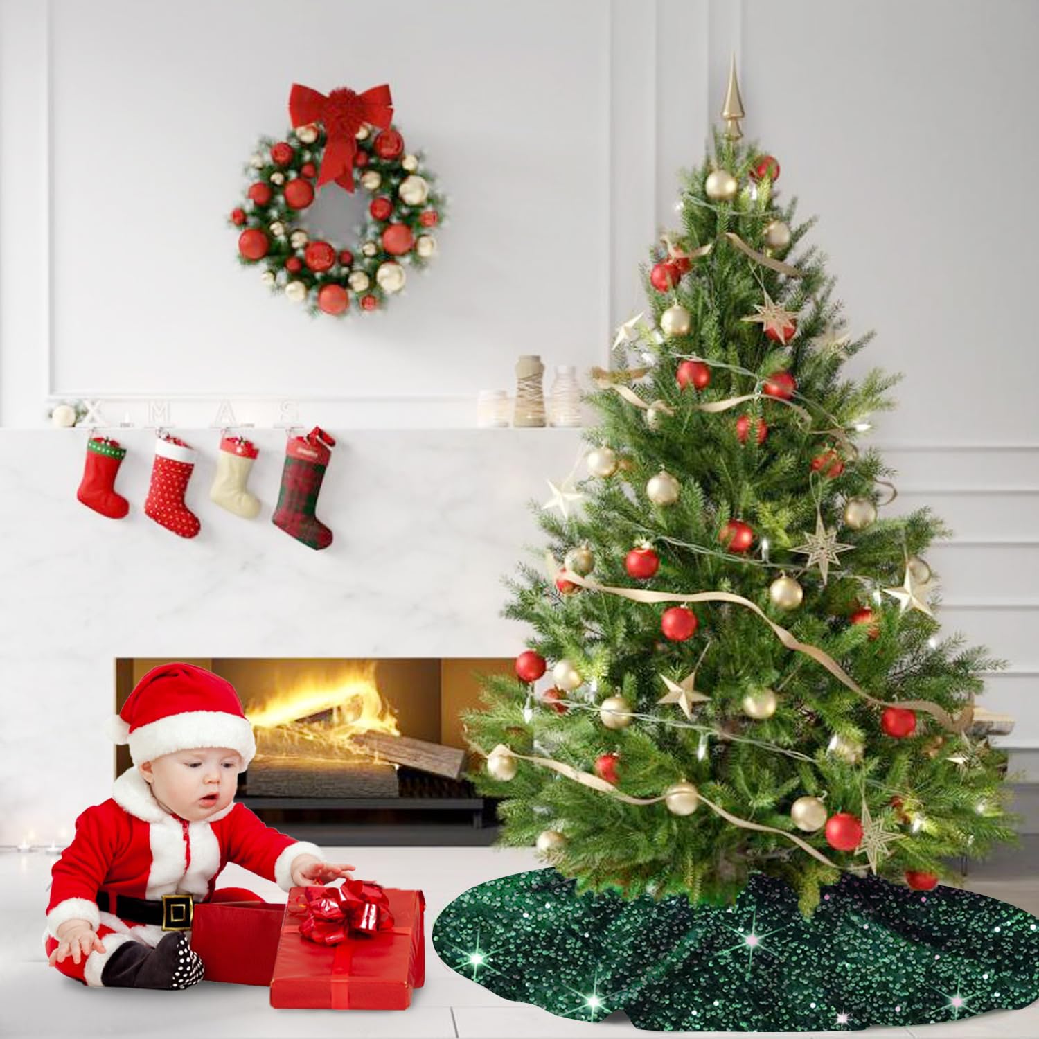 MODFUNS Dark Green Christmas Tree Skirt Sequin Merry Christmas Tree Skirt 36 Inch with Santa Decorations for Tree Velvet Tree Skirt for Kids Xmas Tree Skirt Rustic Tree Mat Green Tree Cover Skirt - Medaid International