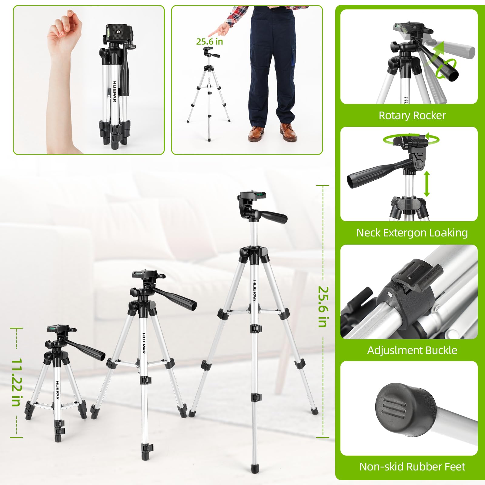 Laser Level with Tripod, HUEPAR 98Ft Self Leveling Laser Level Green Line Laser Cross Line Laser Leveler Tool for Picture Hanging, Tile, Home Renovation, Indoor Project, Battery&Carrying Bag Included - Medaid International