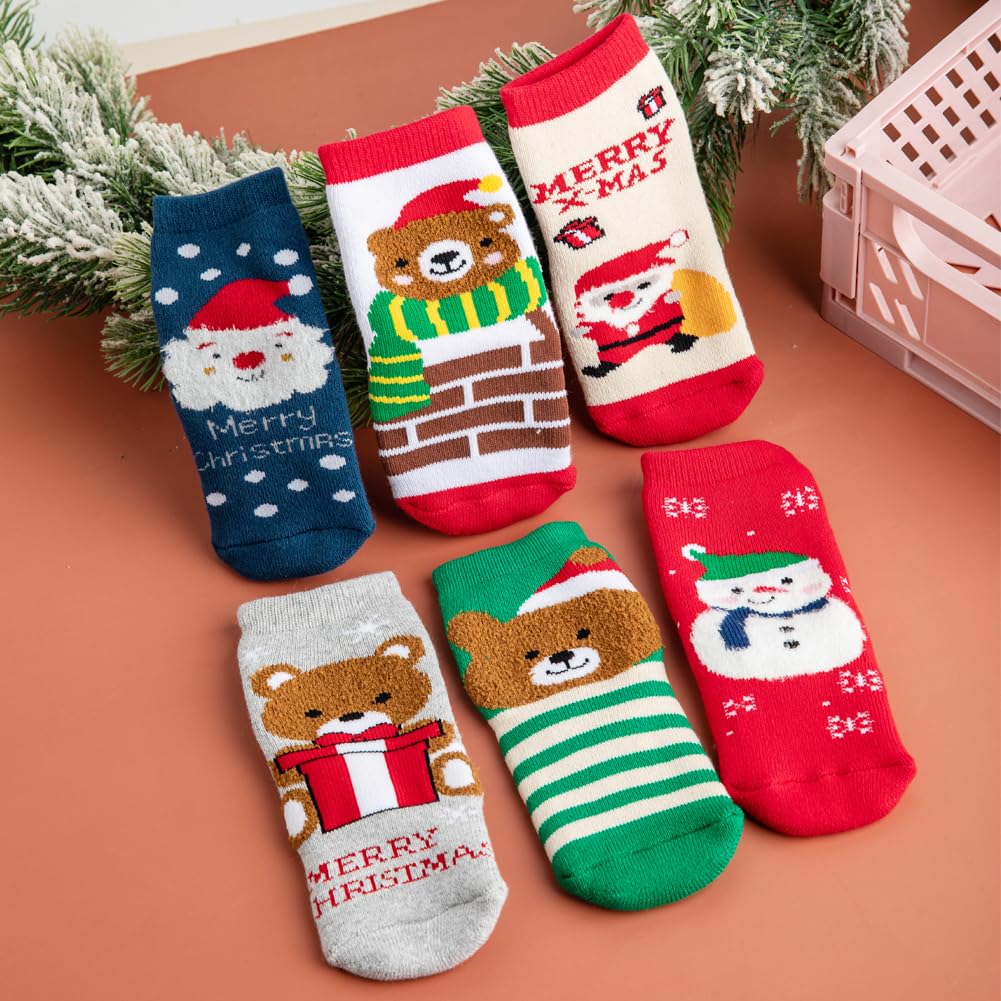 Yvinak Christmas Socks for Kids Toddlers - Xmas Holiday Crew Socks for Boys and Girls - Winter Warm Socks 6 Pairs - Medaid International