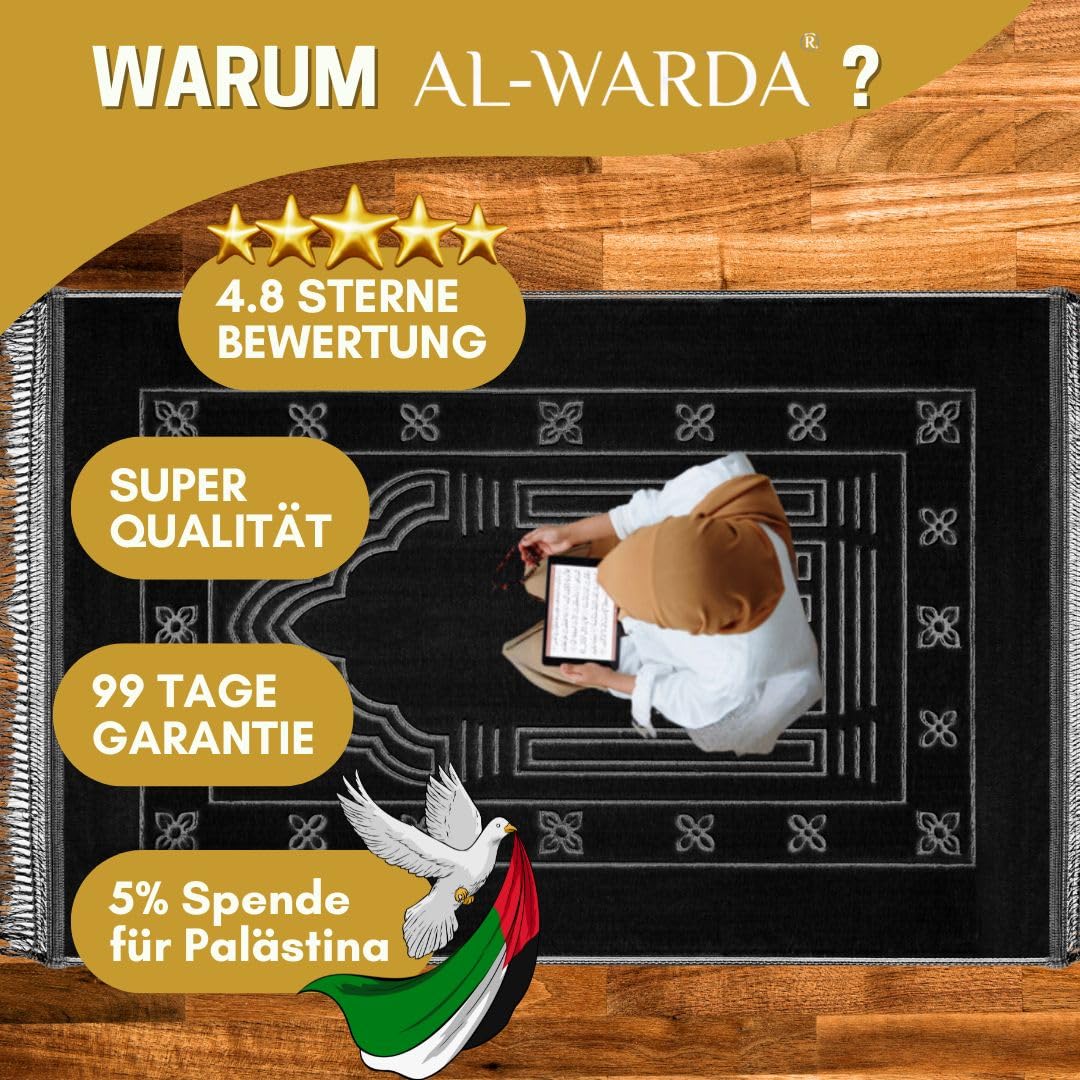 AL-WARDA Muslim Prayer Mat - Super Comfortable and Soft Plush Prayer Mat - Thick Muslim Prayer Mat - Soft as a Cloud, Ideal for Knees and Forehead (Black) - Medaid International