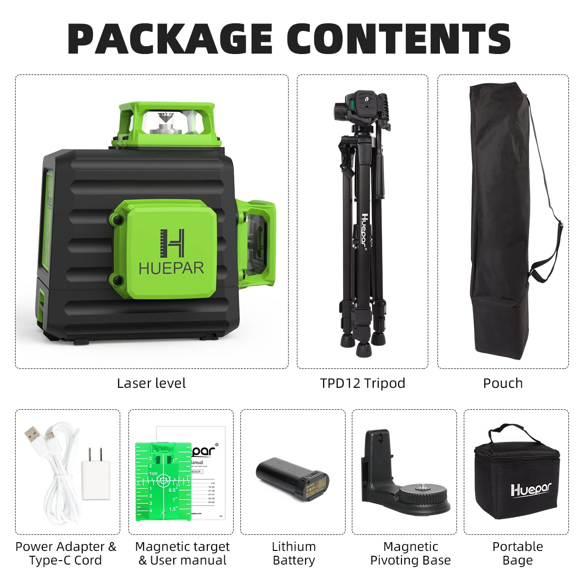 Laser Level 360 Self Leveling with 47" Tripod, Huepar 3x360° High Brightness Green Laser Leveler Tool for Construction, Tile and Picture Hanging, 5200 mAh Li-ion Battery & 2 Portable Bag Included - Medaid International