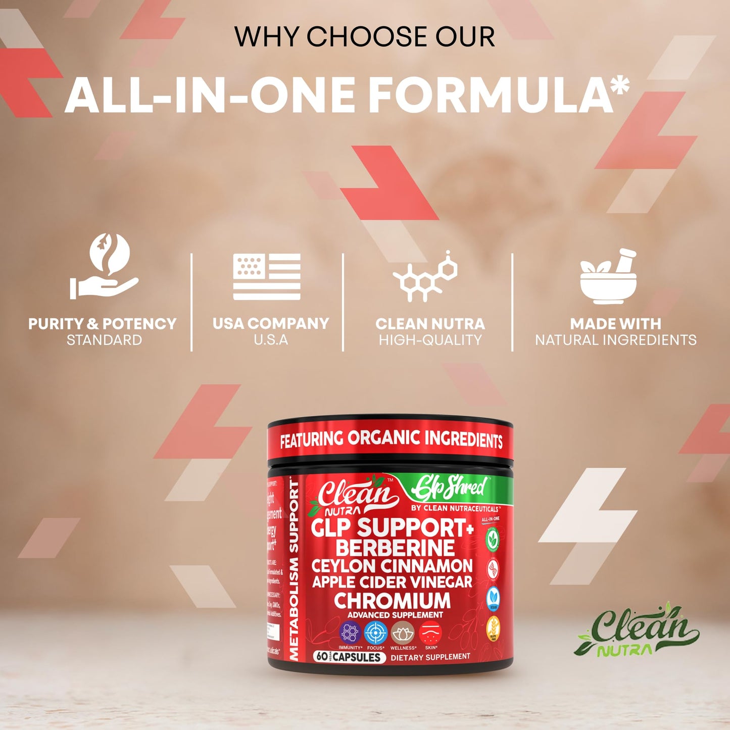 GLP1 Supplement Berberine Ceylon Cinnamon Apple Cider Vinegar Chromium Turmeric PCOS Supplements Immunity & Metabolism Support 60 Vegan Capsules by Clean Nutra - Medaid International