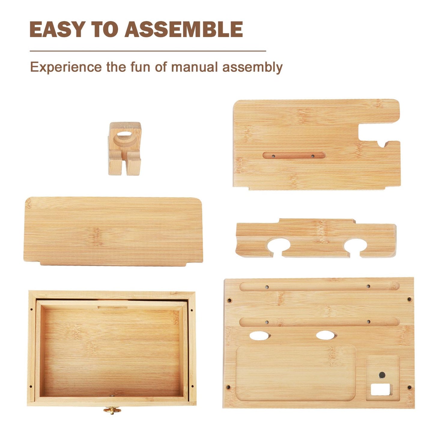 Gocokia Multifunctional Bamboo Stands, Dual Cell Phone Holder, Tablet Storage Stand, Watch Storage Hanger, Bamboo Cell Phone Holder with Drawer - Medaid International