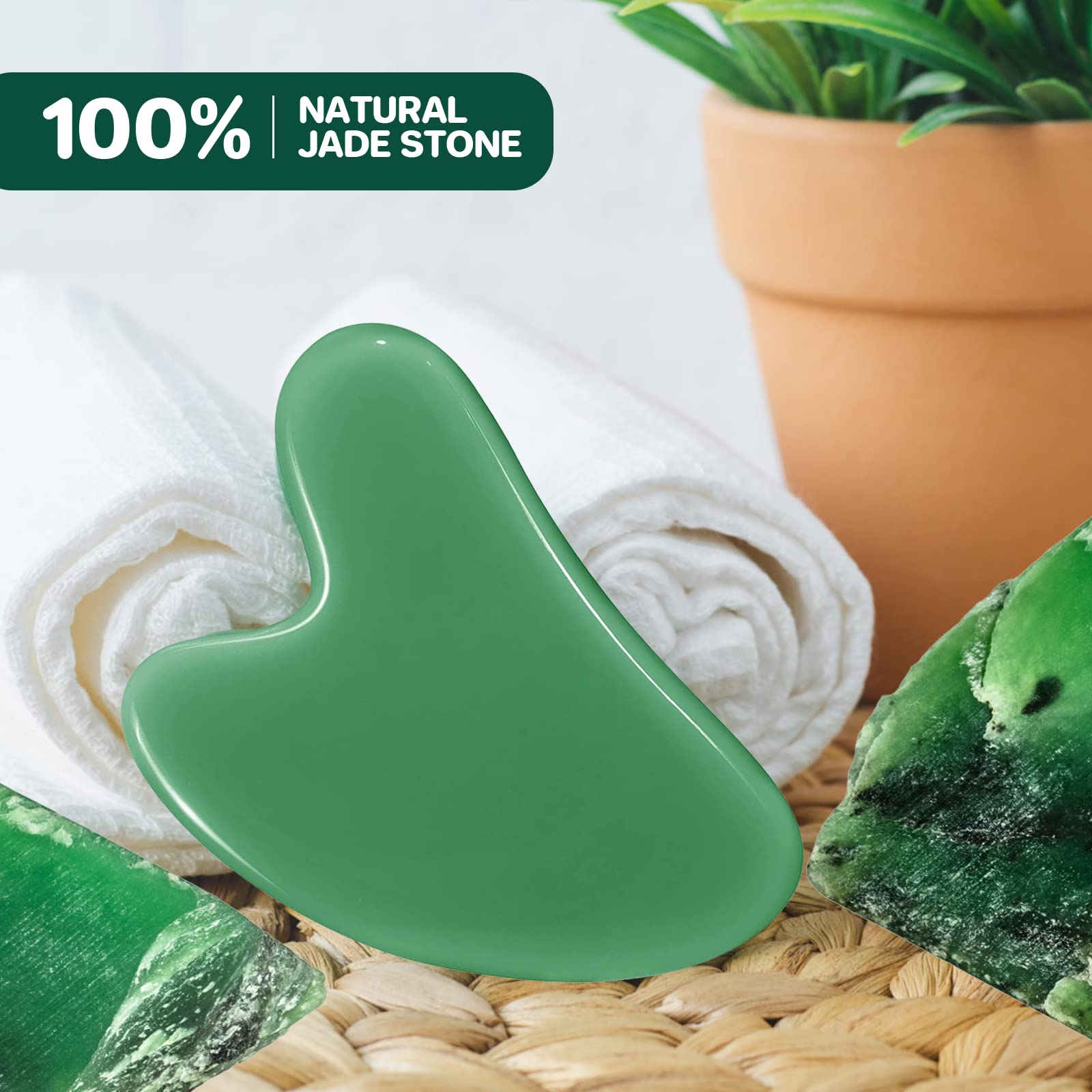 Gua Sha Facial Tool Guasha Board Natural Jade Stone for SPA Acupuncture Therapy Trigger Point Treatment, Relieve Muscle Tensions Reduce Puffiness (Green) - Medaid International