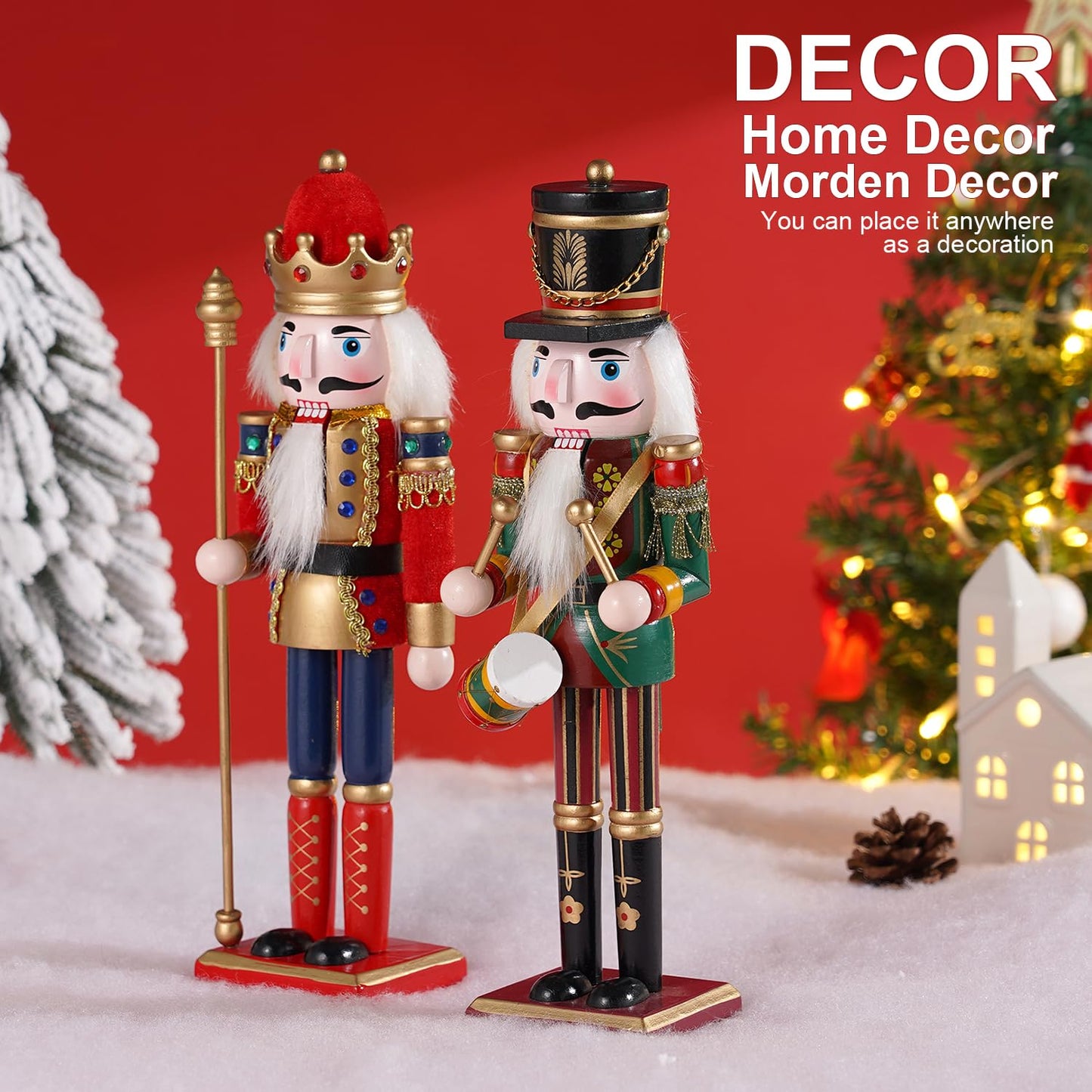 Tpudn 2 Pcs Wooden Christmas Nutcracker Soldier, 30CM Traditional Painted Figures, Festive Collectible for Home Fireplace Tree Party Decoration (Drummer & Spear) - Medaid International