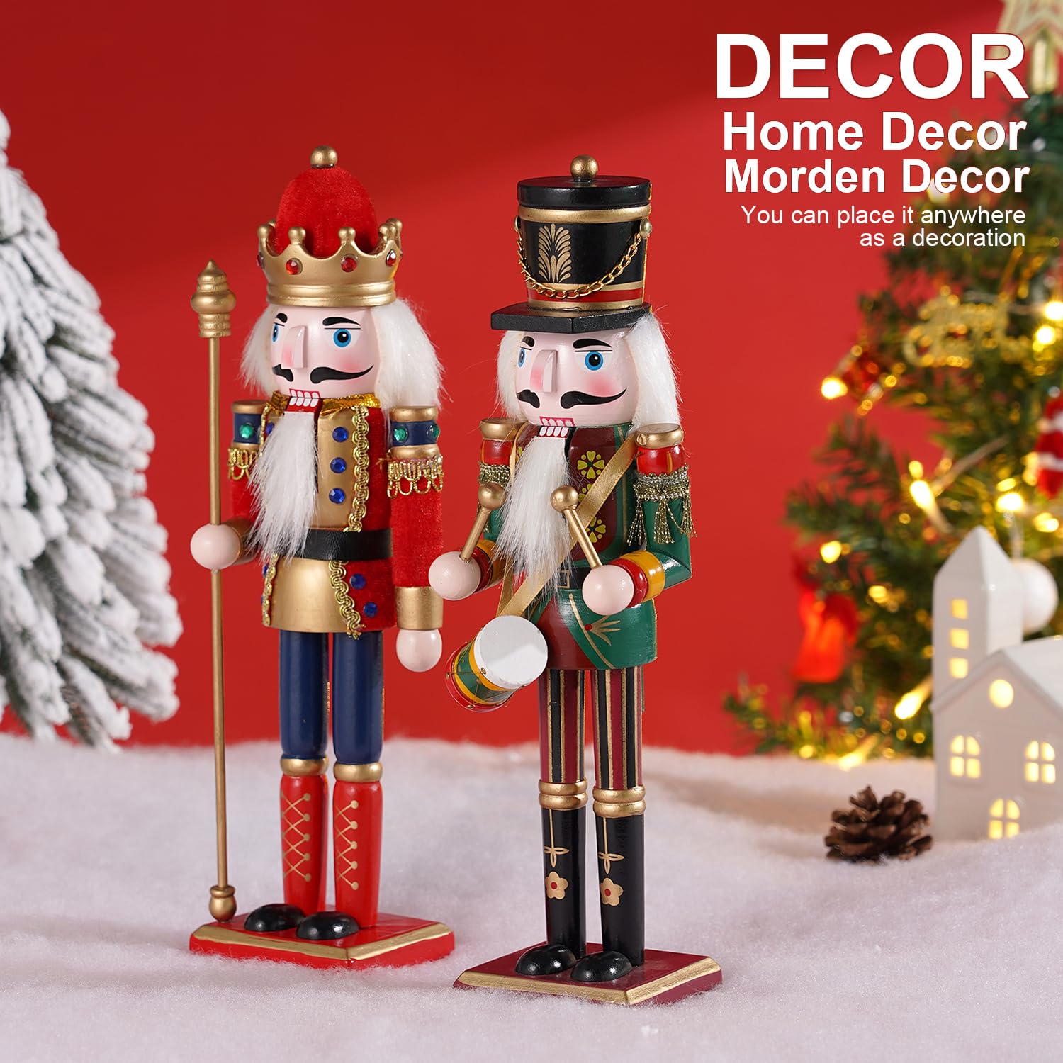 Tpudn 2 Pcs Wooden Christmas Nutcracker Soldier, 30CM Traditional Painted Figures, Festive Collectible for Home Fireplace Tree Party Decoration (Drummer & Spear) - Medaid International