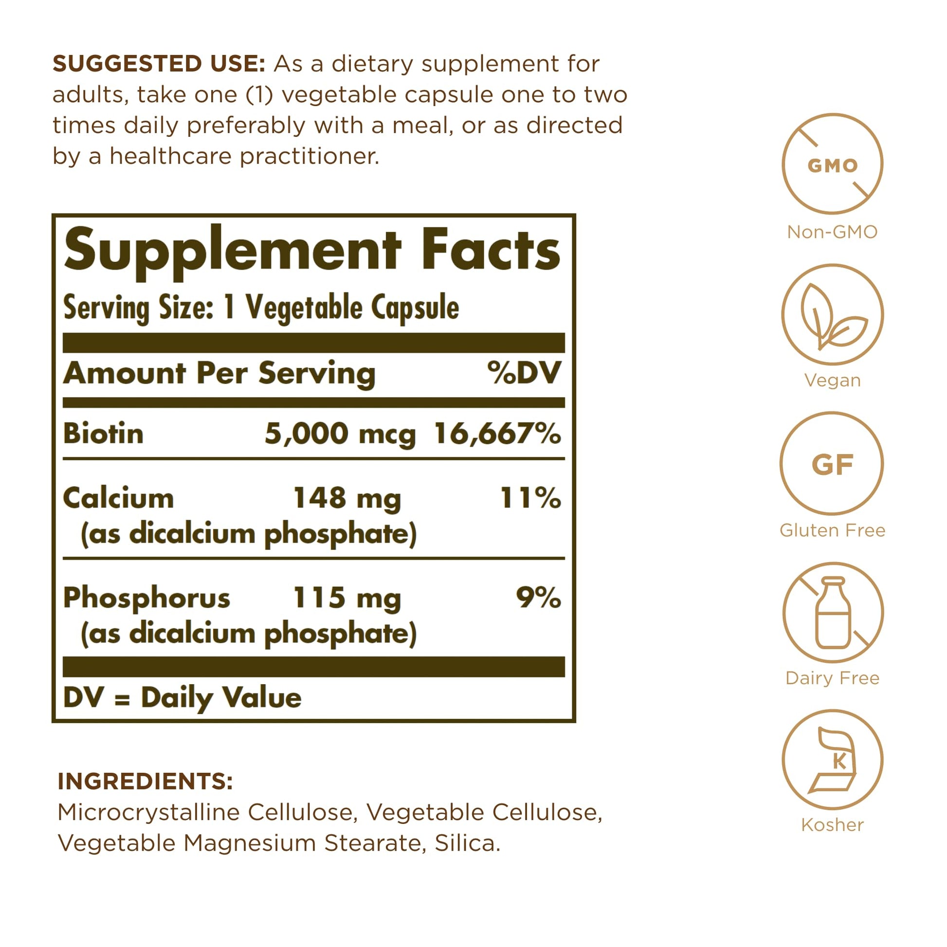 Solgar Biotin 5000 mcg - 50 Vegetable Capsules - Supports Healthy Skin, Nails & Hair - Non-GMO, Vegan, Gluten Free, Dairy Free, Kosher - 50 Servings - Medaid International