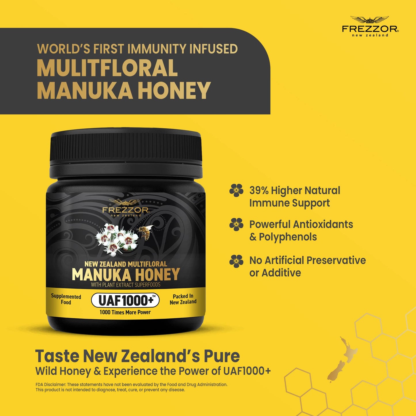FREZZOR Premium New Zealand Raw Multifloral Manuka Honey with UAF1000+ Super Antioxidant, 230% More Bioactive, Best Support for Everyday Wellness, Antioxidant Superfood, 1 Jar (8.8oz/250g) - Medaid International