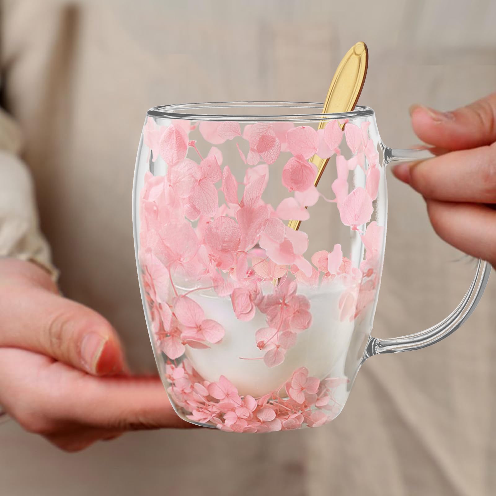 Gifts for Women Dried Flowers Double Wall Glass Coffee Mugs Cute Glass Tea Cups with Handles Autumn Mug Christmas Birthday Gifts for Best Friend Teacher Mum Gift New Home Gift Ideas Home Decor - Medaid International